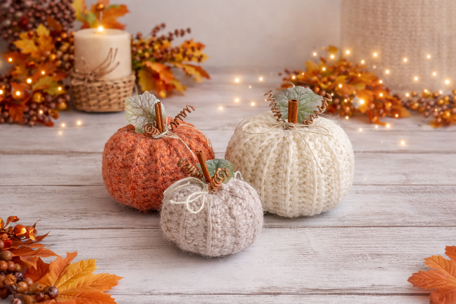 Three crocheted pumpkins in fall colors, decorated with cinnamon sticks and leaves, arranged on a white wooden surface. In the background, autumn-themed décor includes a lit candle, artificial fall leaves, and berries with warm lighting.