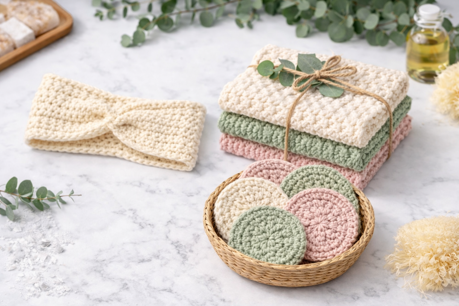 Stack of folded pastel-colored crocheted washcloths tied with a twine bow, crochet headband, and a bowl of matching crocheted coasters on a white marble surface surrounded by eucalyptus leaves and a small bottle of oil.