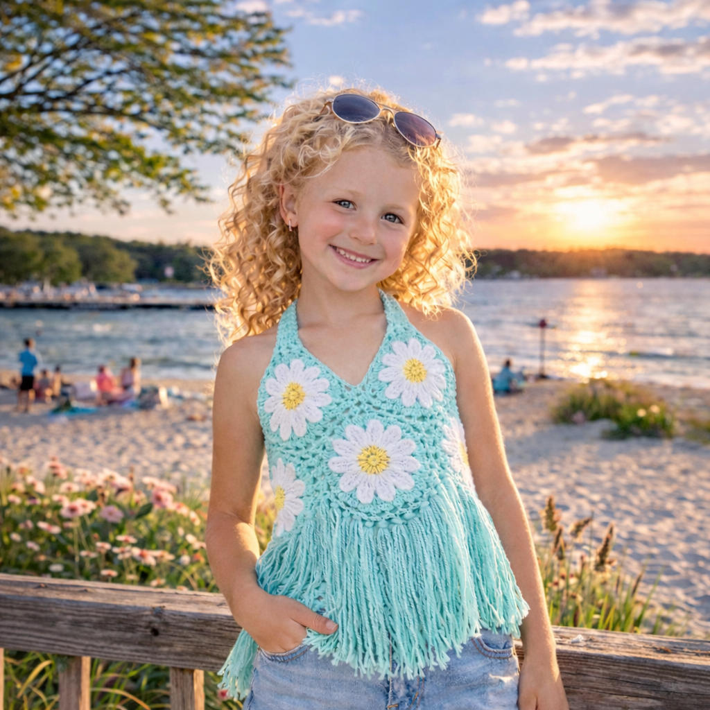 A young girl with curly blonde hair, wearing sunglasses on her head, a turquoise crochet top with white daisies, and denim shorts, smiling at the camera during sunset by the water with people in the background.