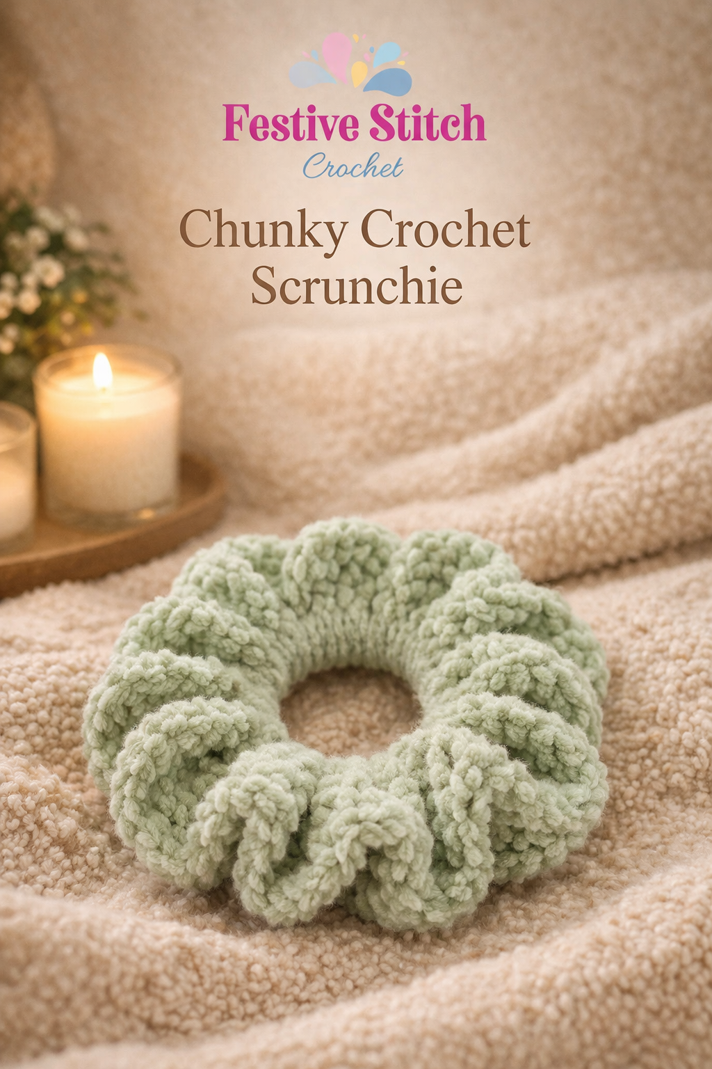 A crocheted green scrunchie on a cozy beige blanket with candles and flowers nearby, with a sign reading 'Festive Stitch Crochet Chunky Crochet Scrunchie' in the background.