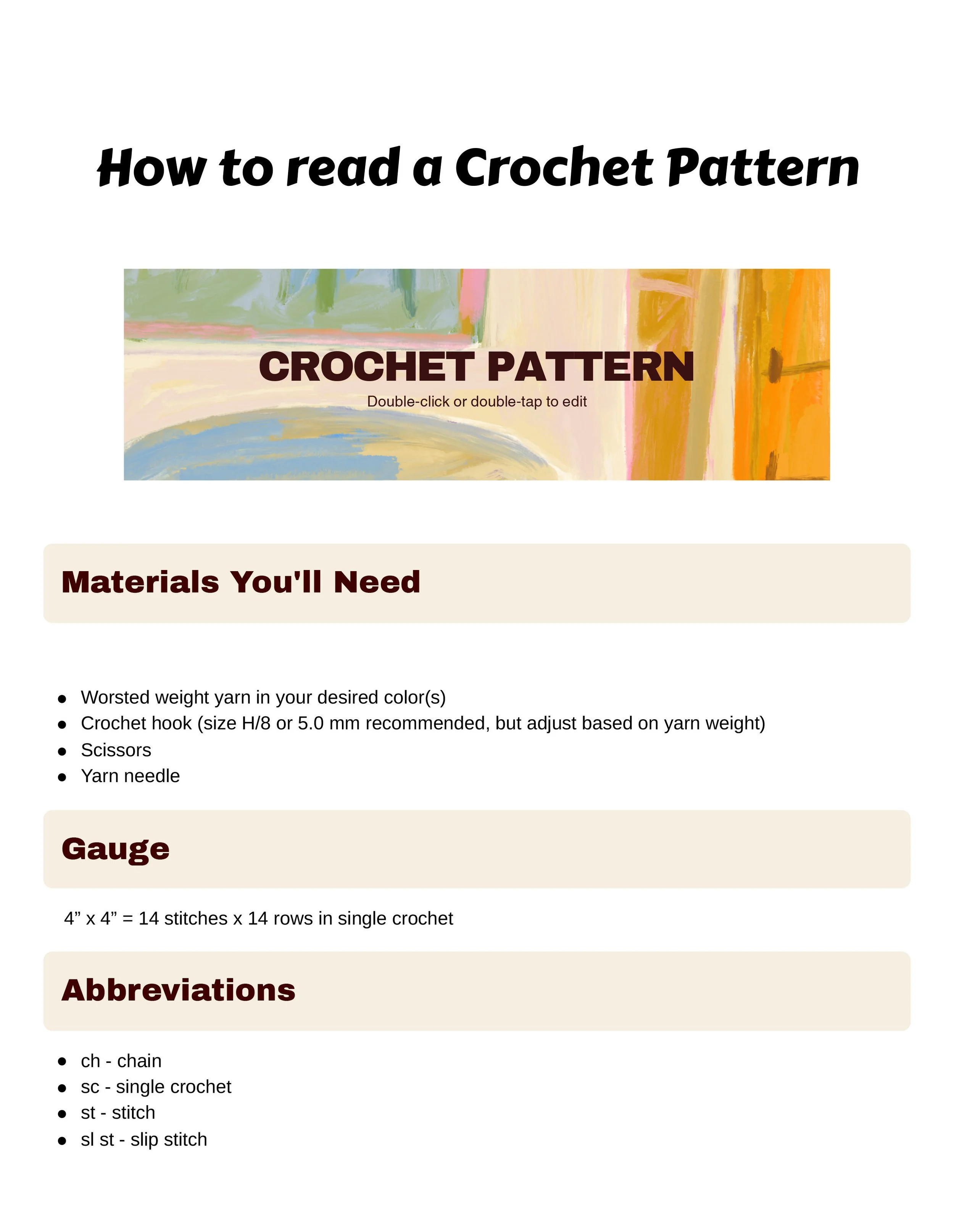 A digital page from a crochet pattern guide titled "How to read a Crochet Pattern." The page features colorful, abstract painterly artwork with greens, pinks, blues, and oranges. Text below the title outlines materials needed for crochet, including y