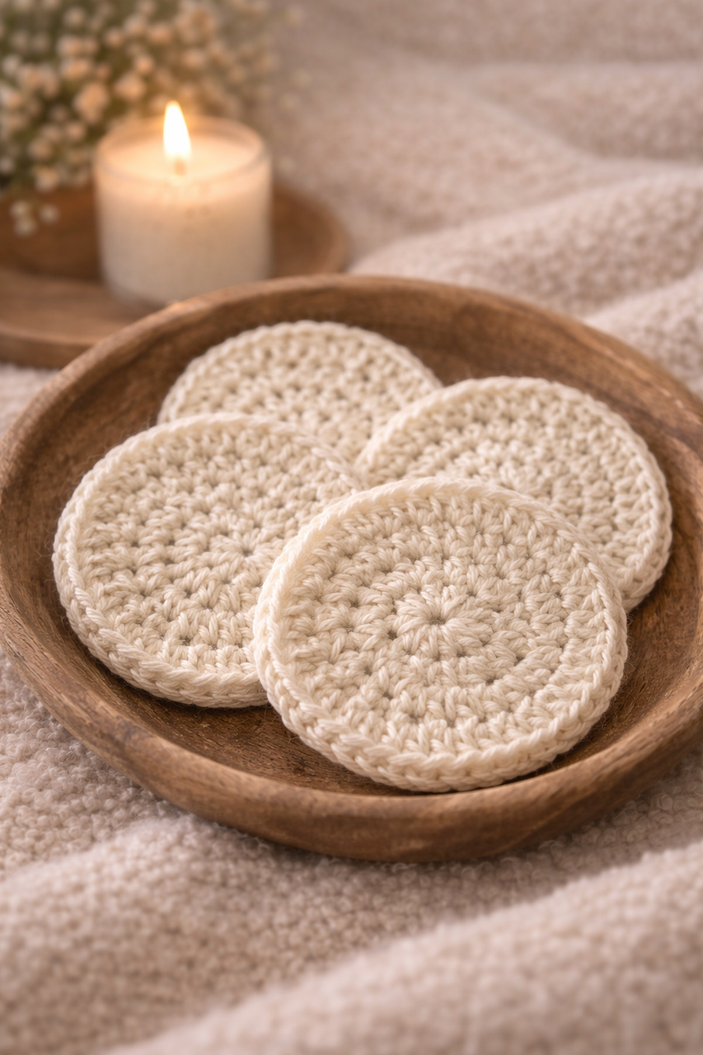 A wooden bowl filled with round, white, crocheted cloth pads, with a lit candle and a small bouquet of white flowers in the background, creating a cozy and relaxing atmosphere.