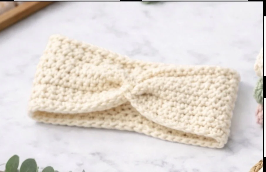 Cream-colored crocheted headband with a twist in the front on a white surface.
