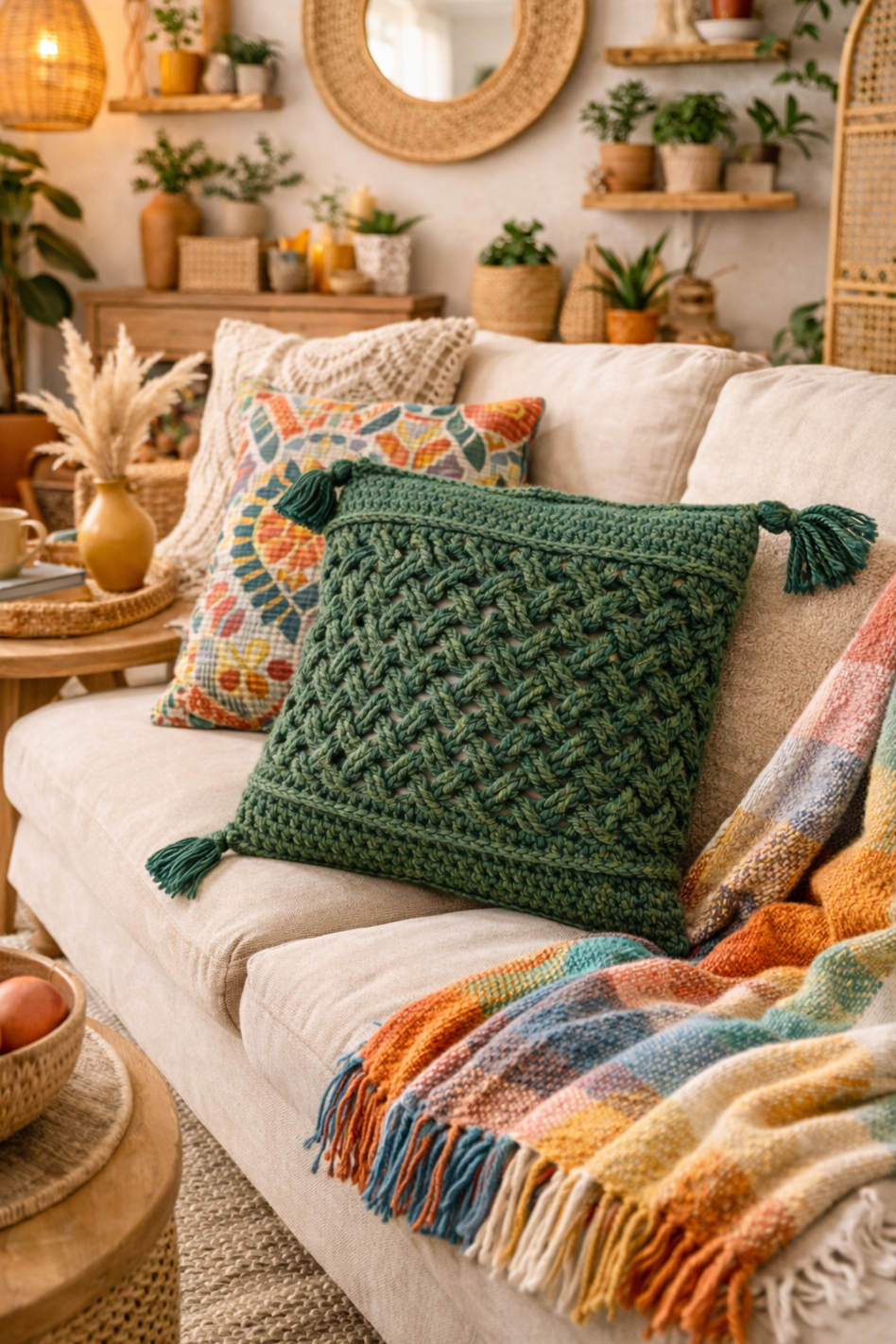 Cozy living room with a white sofa decorated with colorful embroidered and knotted throw pillows, a multicolored plaid blanket, and a wooden side table with a ceramic vase holding pampas grass, surrounded by potted plants and woven décor.
