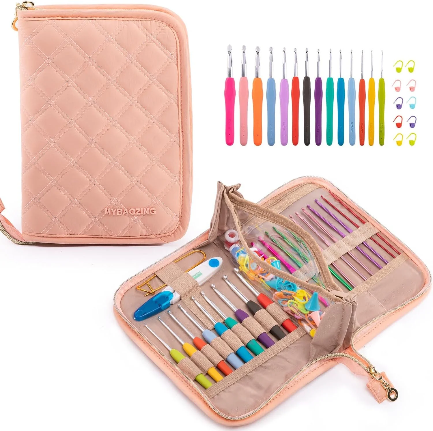 A pink padded knitting or crochet kit holder with a quilted pattern and a zip around it. Inside, there are various colorful sewing tools including crochet hooks, yarn needles, stitch markers, and other accessories organized in elastic slots.
