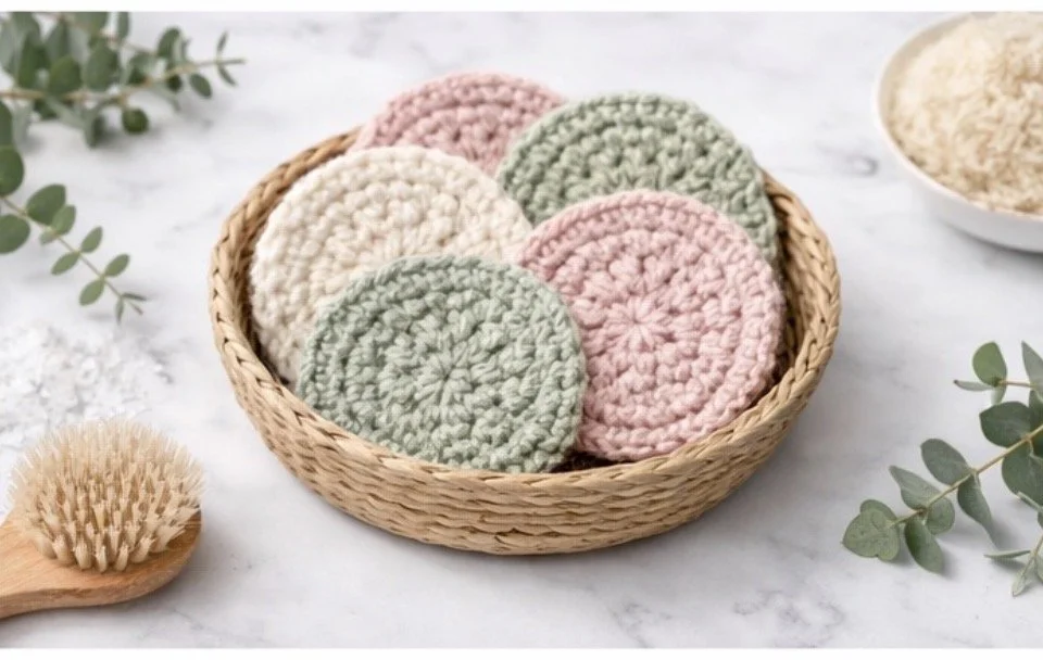Colorful crocheted facial rounds in a basket, along with a natural bristle facial brush and eucalyptus leaves.