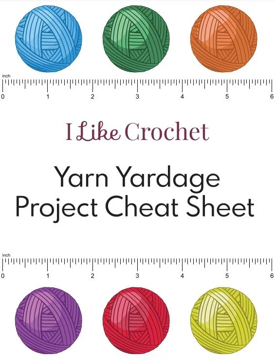 Colorful balls of yarn in blue, green, orange, purple, red, and yellow, placed above and below measurement rulers. The text in the center reads, 'I Like Crochet Yarn Yardage Project Cheat Sheet.'