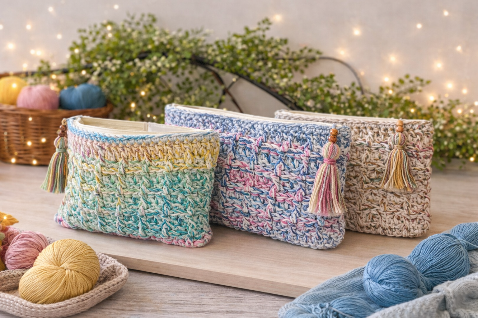 Three colorful woven yarn bags with tasseled zipper pulls on a wooden surface, surrounded by skeins of yarn and a basket of yarn balls, with a backdrop of greenery and small string lights.