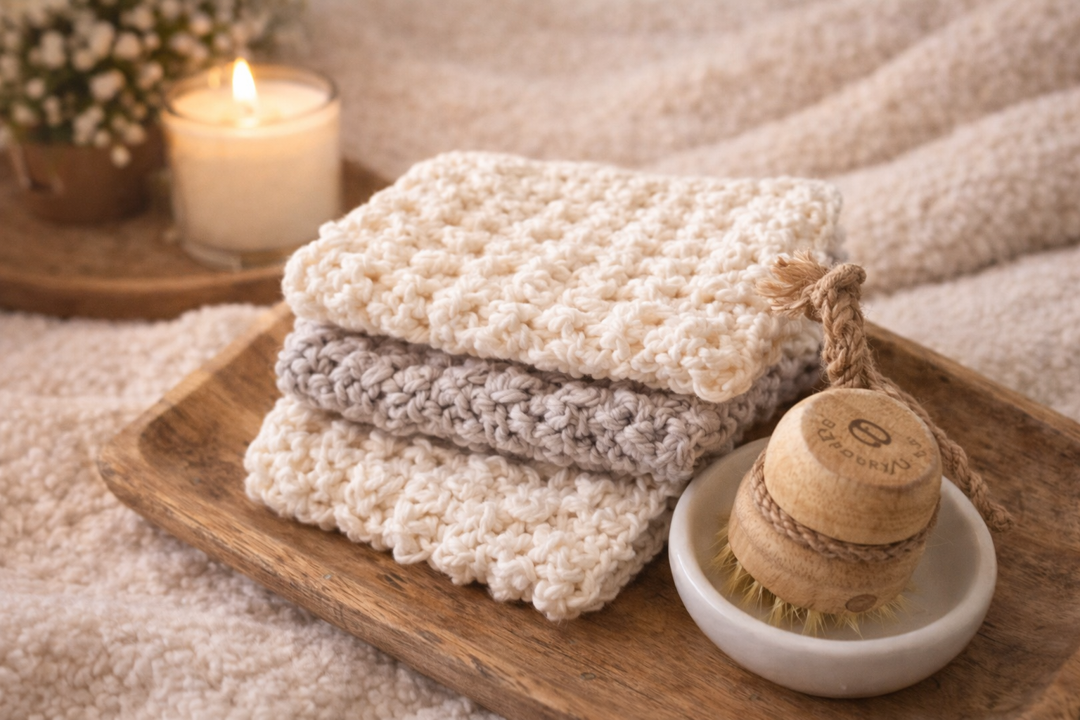 Stacked cream and gray crocheted towels on a wooden tray with a massage brush and a lit candle in the background.