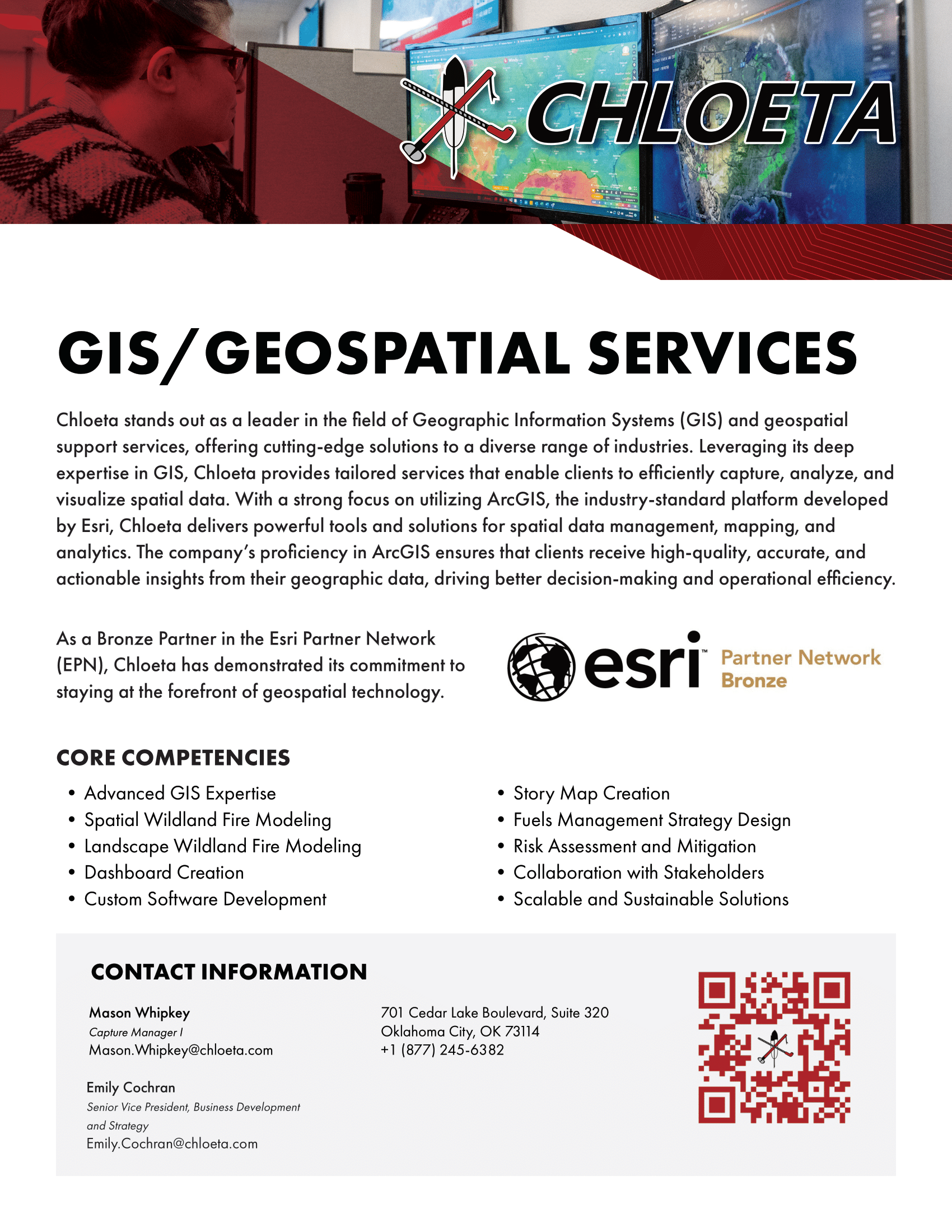 A flyer for ChloeTa GIS and geospatial services with company information, core competencies, and contact details, featuring the ChloeTa logo and a QR code.