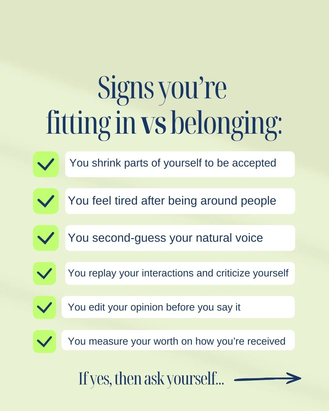 Belonging isn&rsquo;t about comfort. It&rsquo;s about alignment. It&rsquo;s the difference between performing and being. Between shrinking and expanding. Between exhaustion and energy.

So here&rsquo;s the reflection:

Where do you feel most like you