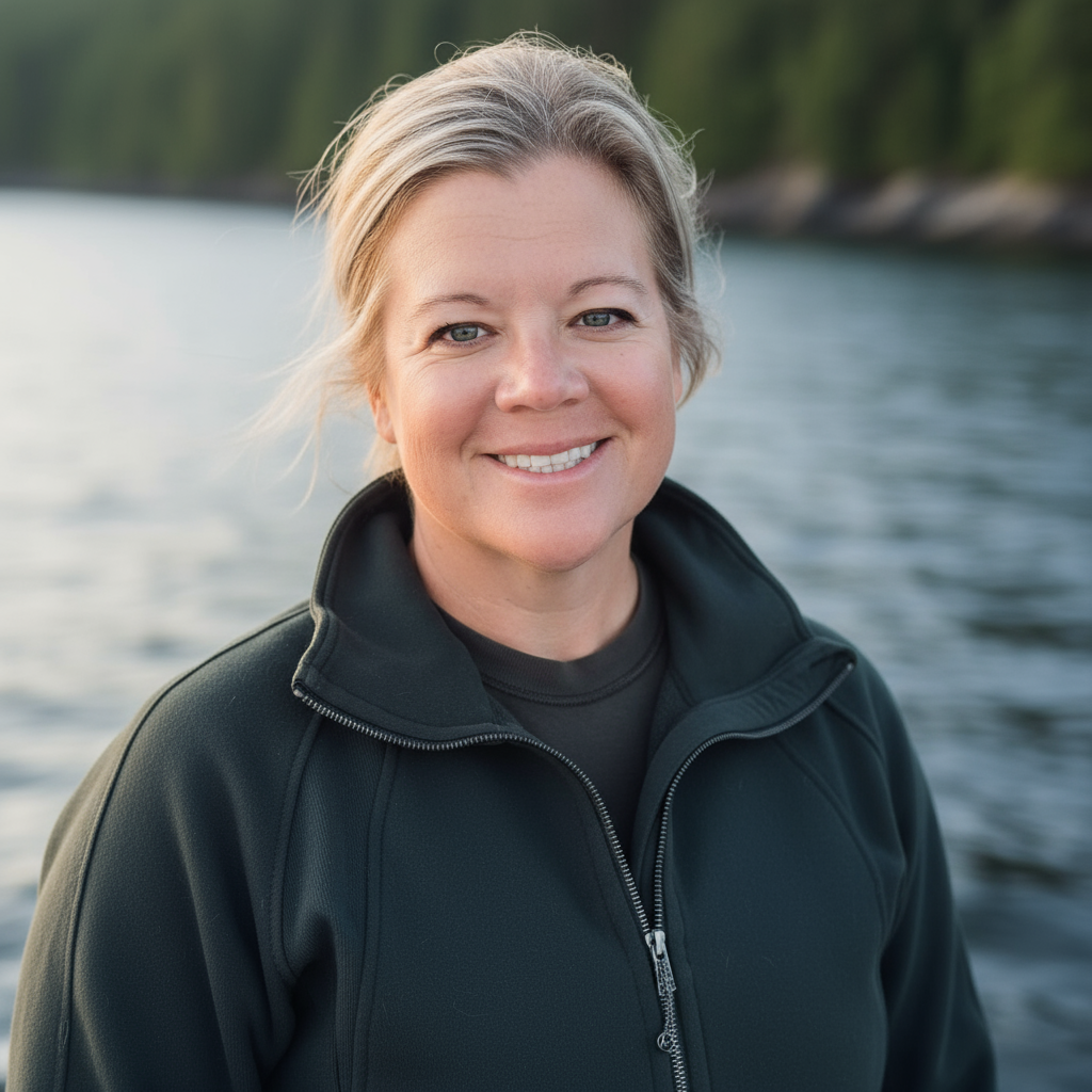 A woman standing near a body of water with trees in the background, smiling at the camera.