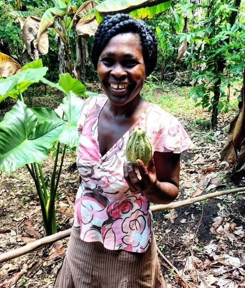 Smiling woman holding a cocoa pod in a lush, green plantation with banana plants and other foliage.