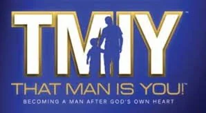 Silhouettes of a child and adult in front of large blue letters TMIY with gold outlines.