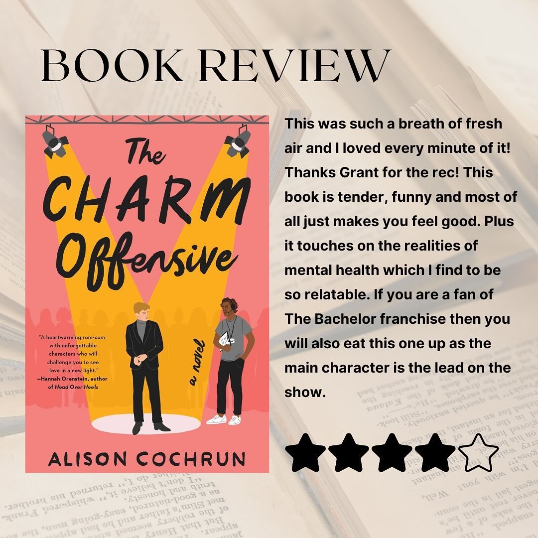✨ Book Review ✨
The Charm Offensive by Alison Cochrun 🌟🌟🌟🌟
-
I adored this one! Tender, funny, and brimming with heart, it had me smiling one moment and tearing up the next. Beyond its swoon-worthy romance, this story beautifully tackles mental h