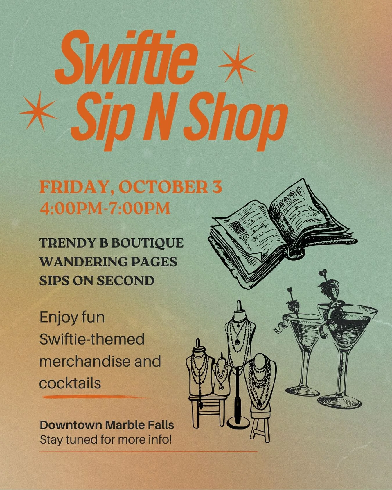 ✨Calling all Swifties✨
Join us Friday, October 3rd from 4&ndash;7pm for a Swiftie Sip &amp; Shop 🎶💖
-
Wandering Pages 📚, Trendy B Boutique 👗, and Sips on Second 🍹 are teaming up to celebrate the release of Taylor&rsquo;s newest album!
-
Stop by 