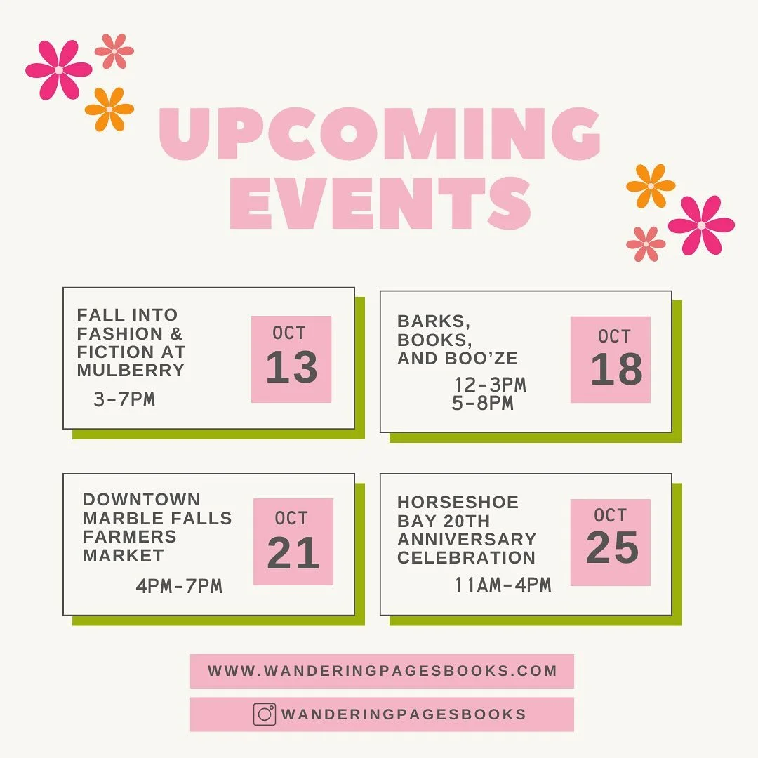 🍂 Fall is in full swing, and Wandering Pages is on the move around the Hill Country! ✨
-
First up &mdash; Fall into Fashion, Flowers, &amp; Fiction🌻📚
Then we&rsquo;re teaming up with some amazing local spots for Barks, Books &amp; Boo&rsquo;ze in 