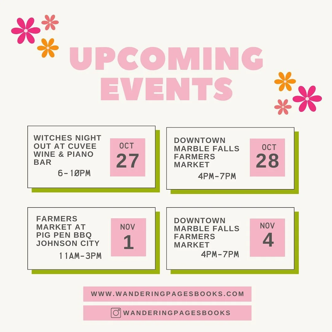 ✨Wandering Pages is rolling into a busy (and bookish!) season!✨
Next up: a witchy girls&rsquo; night out at Cuvee 🍷🖤, plus a few farmers market stops &mdash; downtown Marble Falls and Pig Pen BBQ in Johnson City. 📚🍂
So many cozy fall vibes and go