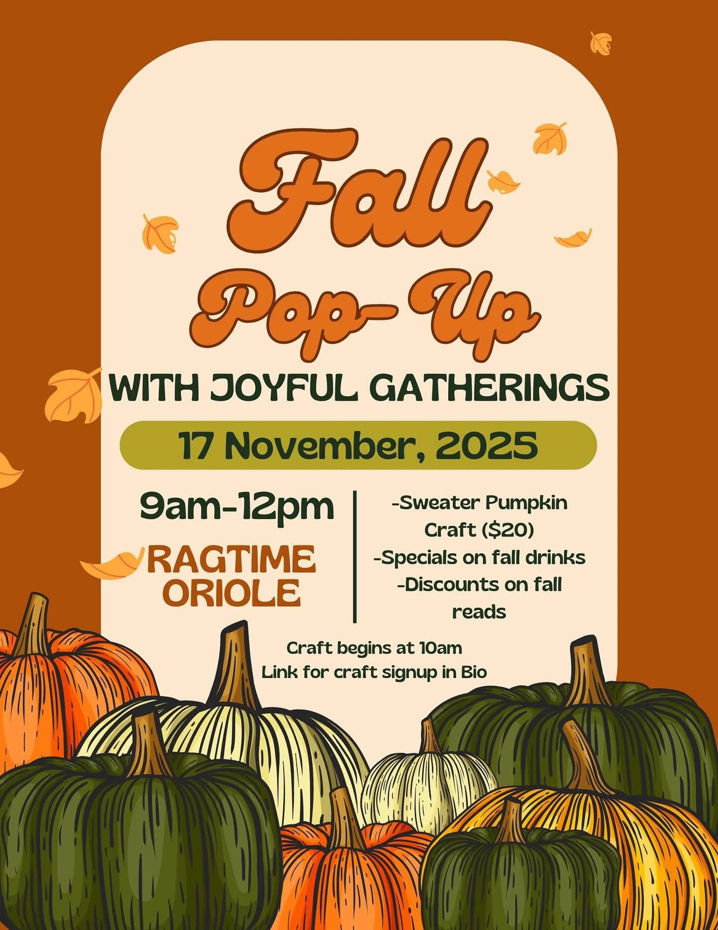 🍂 Fall is calling, and we&rsquo;re answering with cozy vibes and creative fun! I&rsquo;m teaming up with Joyful Gatherings for a festive sweater pumpkin craft pop-up at Ragtime Oriole in downtown Marble Falls. 🧡
-
Sip on fall drink specials, shop d