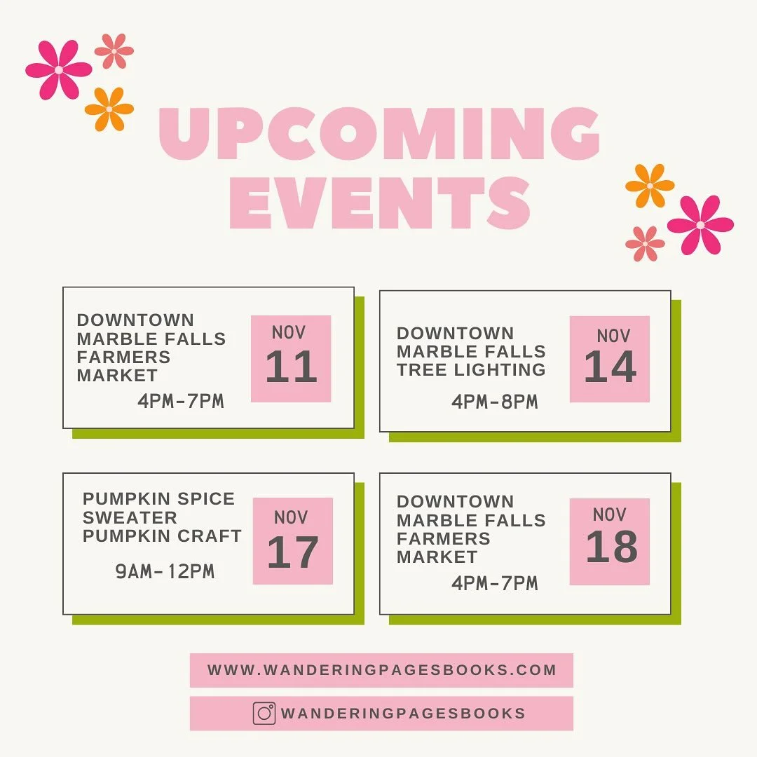 🍁 Fall fun is in full swing for Wandering Pages! Here&rsquo;s where you can find me over the next few weeks:
-
📚 Downtown Marble Falls Farmers Market &ndash; I&rsquo;ll be popping up twice with stacks of cozy reads and holiday favorites.
🍂 Ragtime