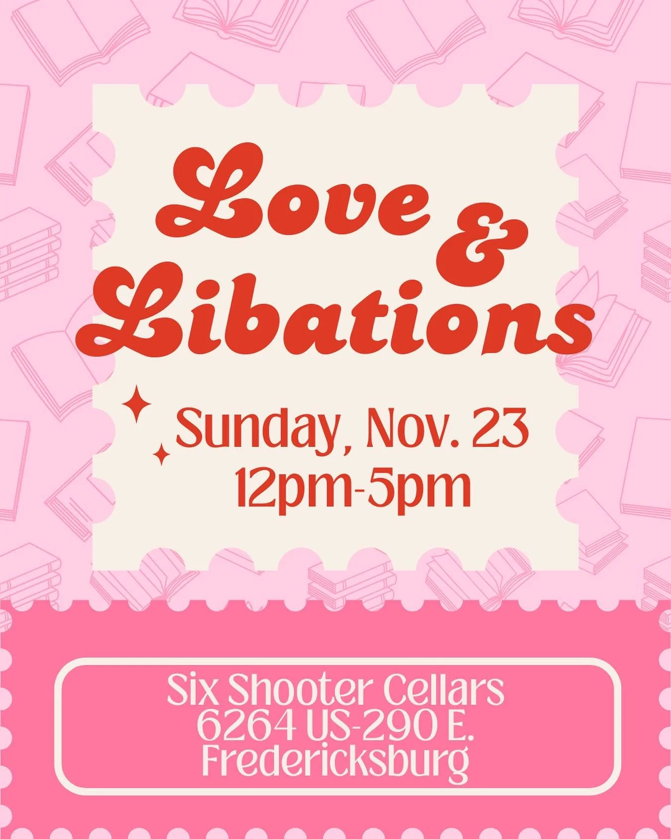 Fredericksburg, we&rsquo;re coming for you! 📚💗🍷
Catch Wandering Pages at Love &amp; Libations on Nov. 23 (12&ndash;5 PM) at @six_shooter_cellars . Even better? @authorarhall will be there signing books! Come grab a drink, meet an author, and shop 