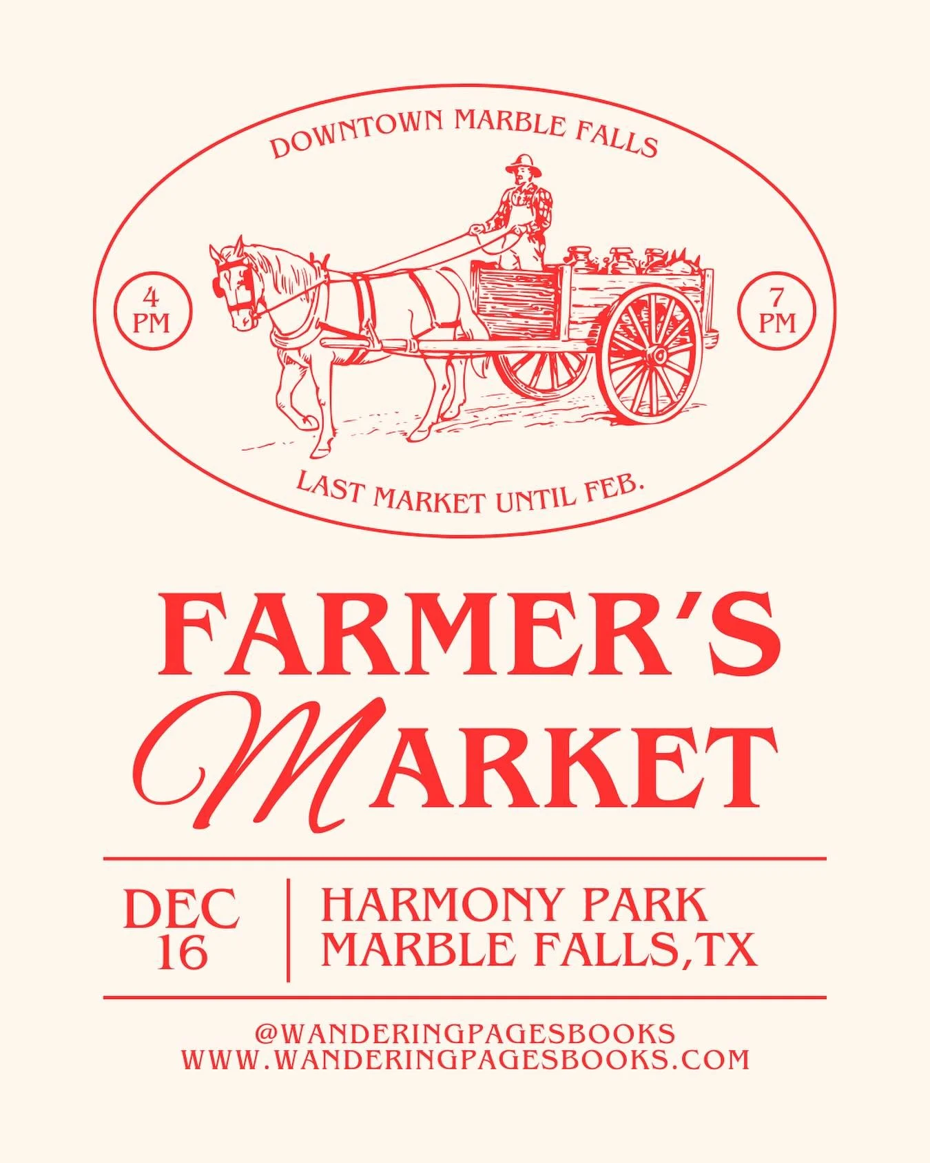 Join us tomorrow at the Downtown Marble Falls Farmers Market at Harmony Park from 4&ndash;7 PM and shop some truly amazing local vendors.
-
✨ Wandering Pages specials:
&bull; All apparel &amp; hats 10% off
&bull; Christmas books &amp; puzzles 10% off