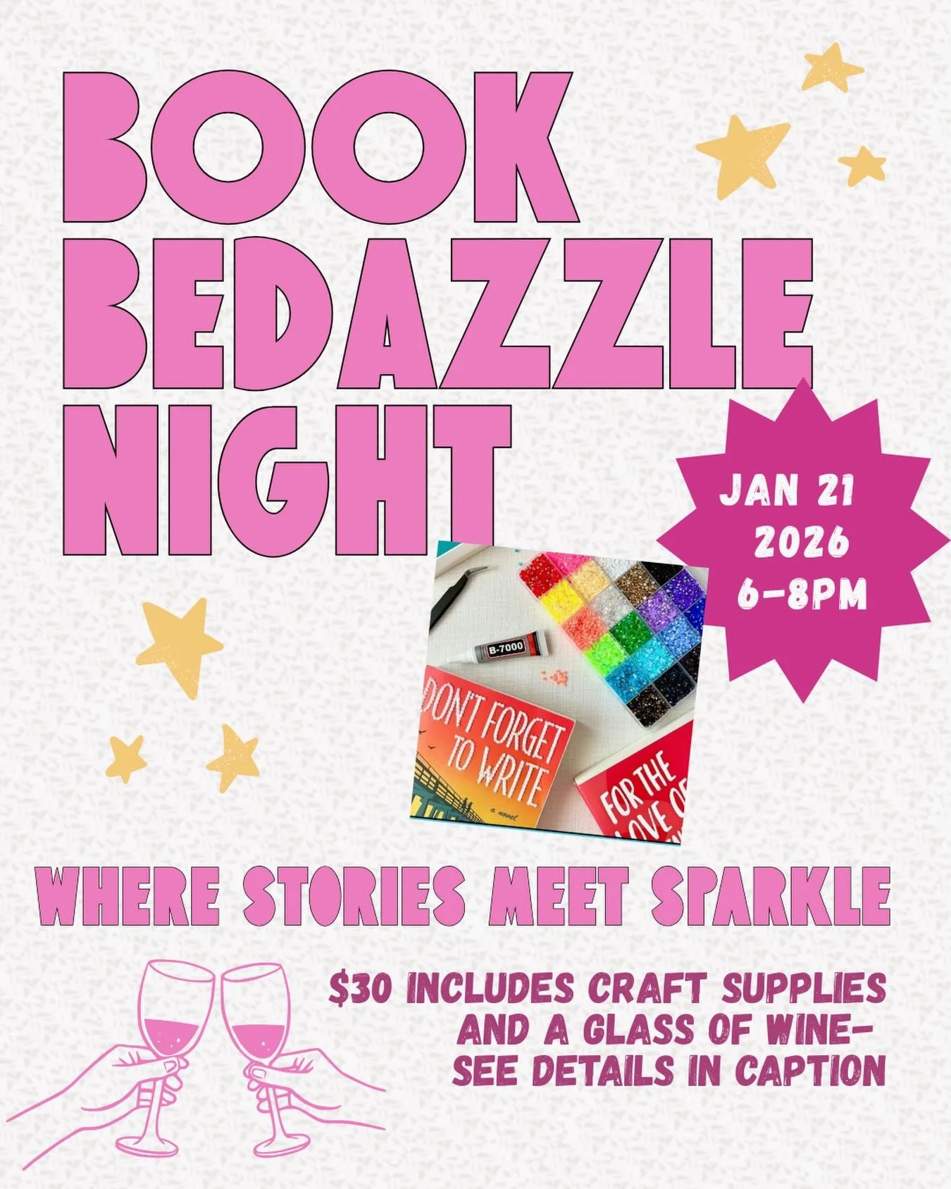 ✨📚 Book Bedazzle Night is happening! 📚✨
We&rsquo;re SO excited to announce our very first Book Bedazzle Night in collaboration with Joyful Gatherings at Cuvee Wine Bar 🍷💎
-
🗓 January 21, 2026
⏰ 6&ndash;8 PM
📍 Cuvee Wine Bar
-
For $30, you&rsquo