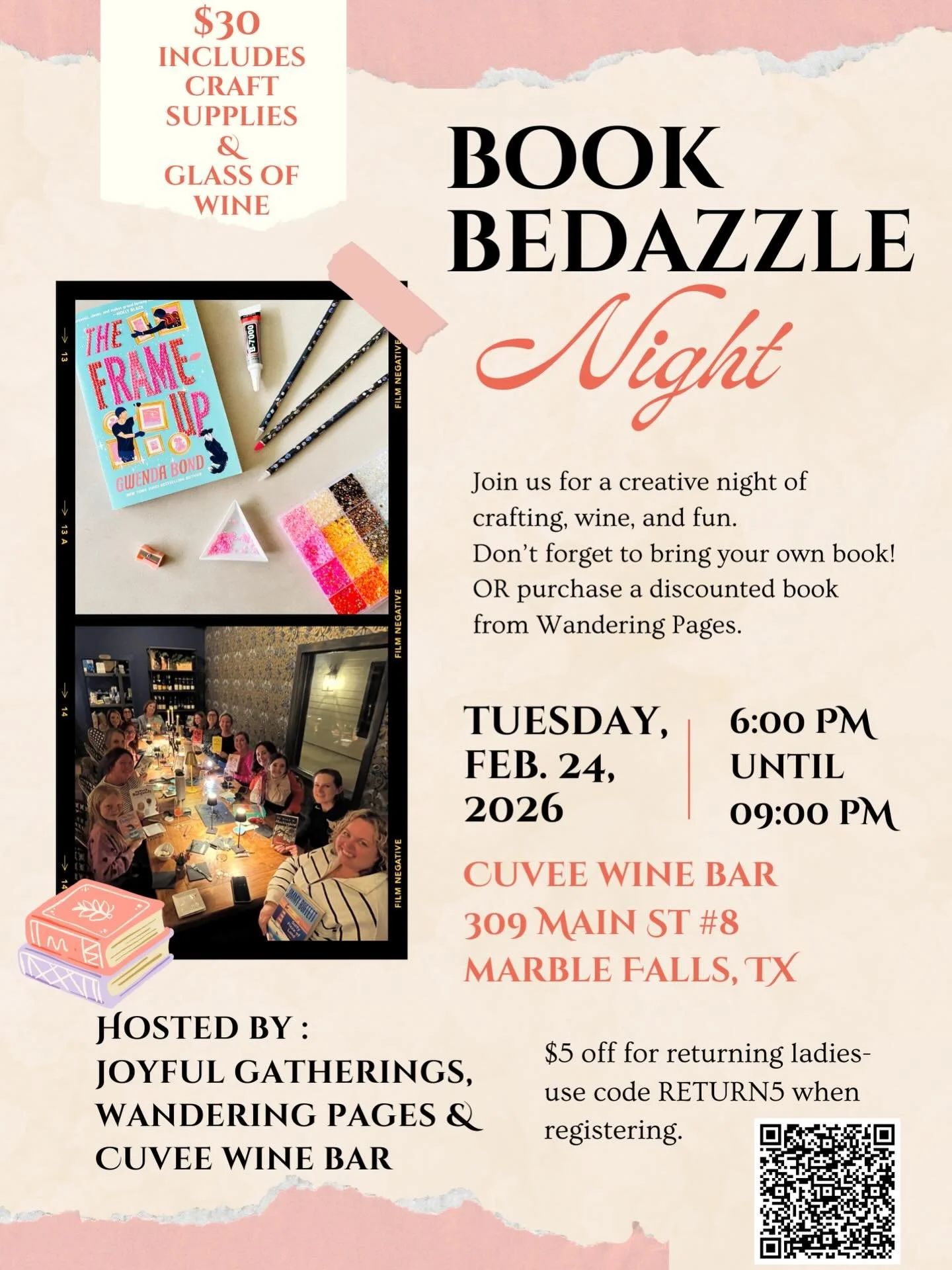 ✨ Book Bedazzle Night is back! ✨
After so much fun last month, we knew this had to become a regularly scheduled thing.
-
Join Wandering Pages, Joyful Gatherings, and Cuvee Wine Bar for a night of crafting with new and old friends&mdash;plus wine in h