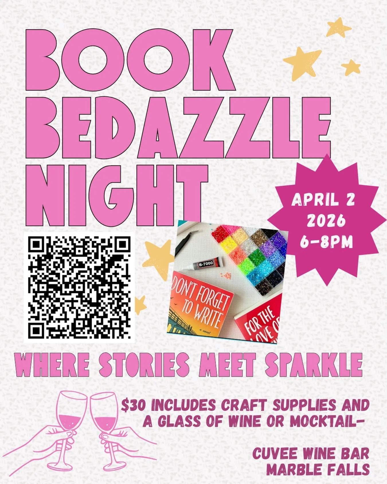 ✨ Round 3 of Book Bedazzling is happening! ✨
-
We&rsquo;re loving meeting fellow readers and finding such a fun way to build community here in Marble Falls. Come join us for an evening of sparkle, stories, and sips!
-
📅 Date: April 2
⏰ Time: 6 PM
📍
