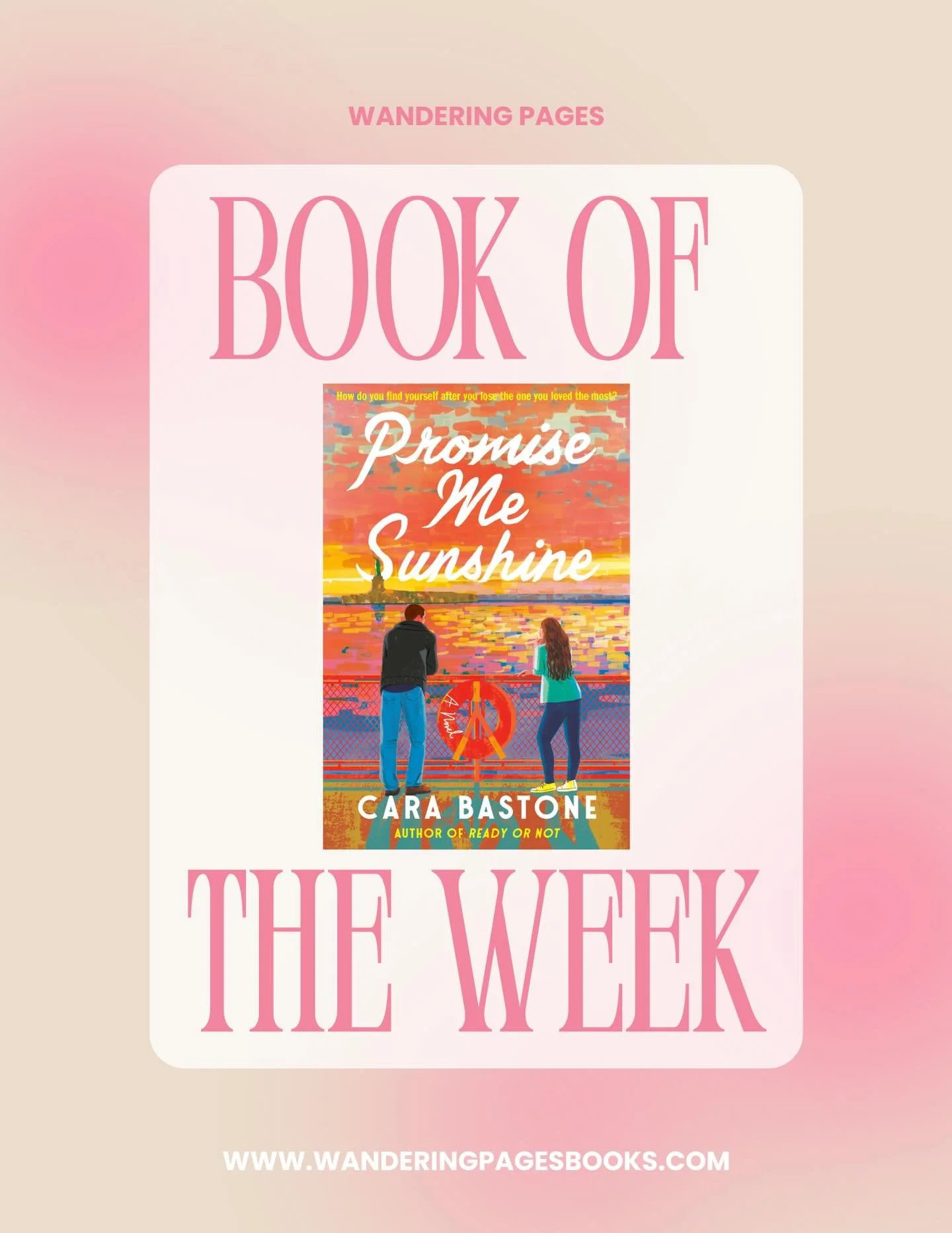 📚 Book of the Week &mdash; Week Three 📚
-
This week at Wandering Pages, our featured pick is Promise Me Sunshine by Cara Bastone&mdash;a heartfelt story about love, hope, and the little moments that make life shine.
-
Full of warmth, emotion, and c