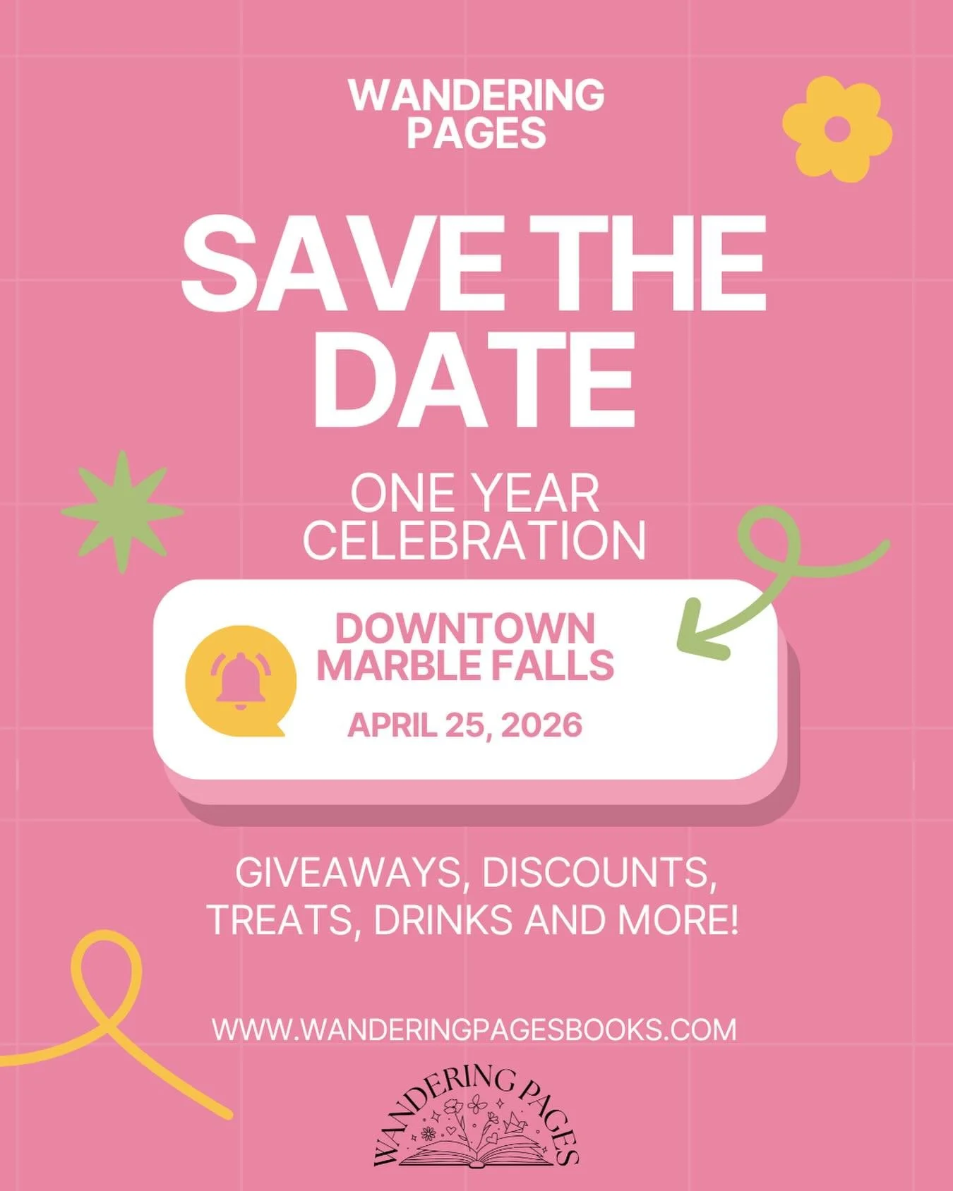 One year of Wandering Pages&hellip; and we&rsquo;re just getting started 📚✨
-
Save the date: April 25 in downtown Marble Falls
We&rsquo;re planning something extra special to celebrate ONE whole year of stories, community, and all of you 🤍
-
And it