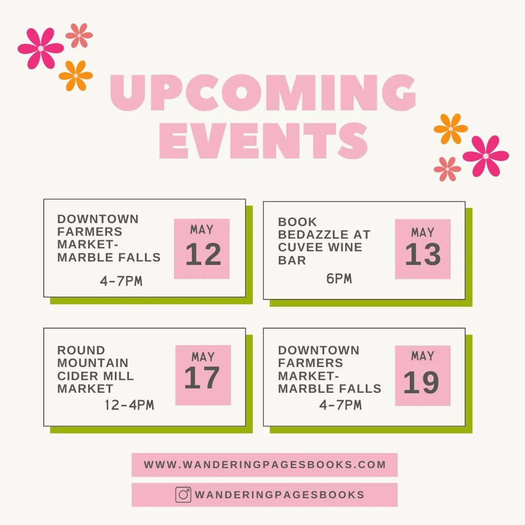 May fun is filling up the Wandering Pages￼ calendar and we can&rsquo;t wait to see you out and about! ☀️📚✨
-
Here&rsquo;s what&rsquo;s coming up:
-
📍 Two upcoming stops at the Downtown Farmers Market in Marble Falls
✨ A Book Bedazzle Night because 