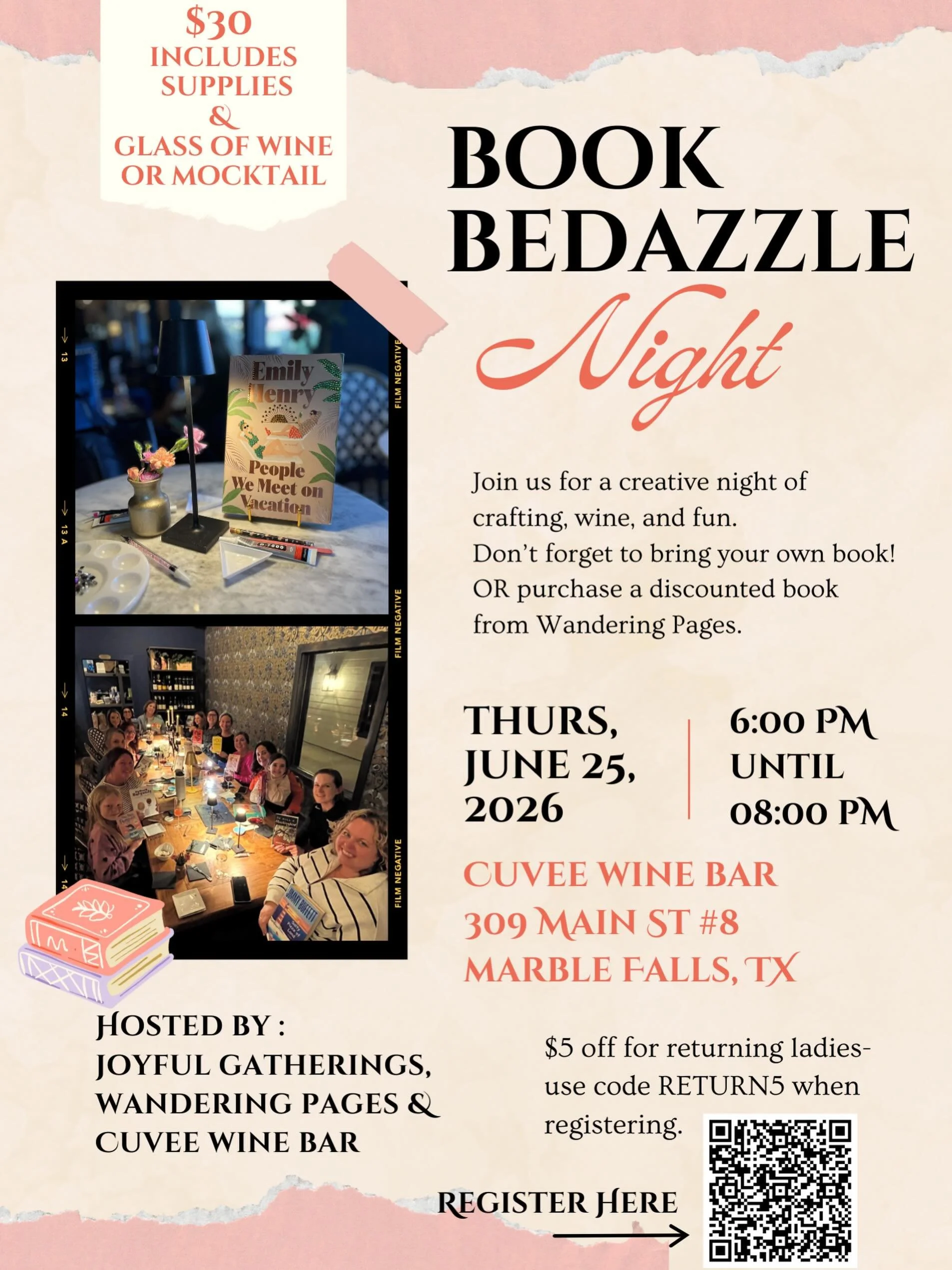 ✨BOOK BEDAZZLE NIGHT IS BACK✨
-
Grab your favorite people and join us for another cozy, creative night of books, sparkle, and wine. 💎📚🍷
-
🗓 June 25
⏰ 6&ndash;8 PM
📍 Cuvee Wine Bar
🎟 $30 per person includes a glass of wine or a yummy sparking It