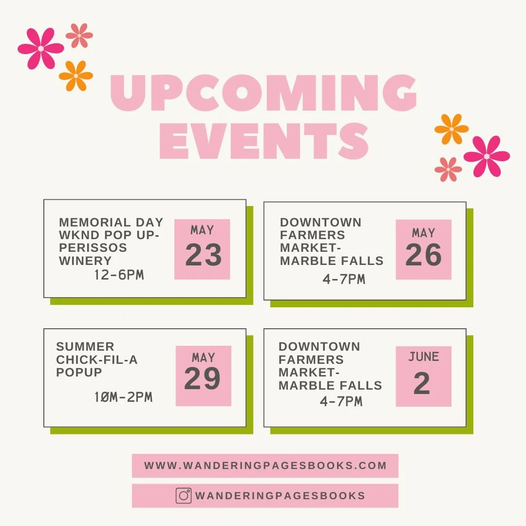 Updated Wandering Pages schedule just dropped 📚✨
-
We are SO excited for our Memorial Day weekend stop at Perissos Vineyard &amp; Winery 🍷
-
Plus:
&bull; a couple of Tuesdays at the Downtown Marble Falls Farmer&rsquo;s Market
&bull; another fun day