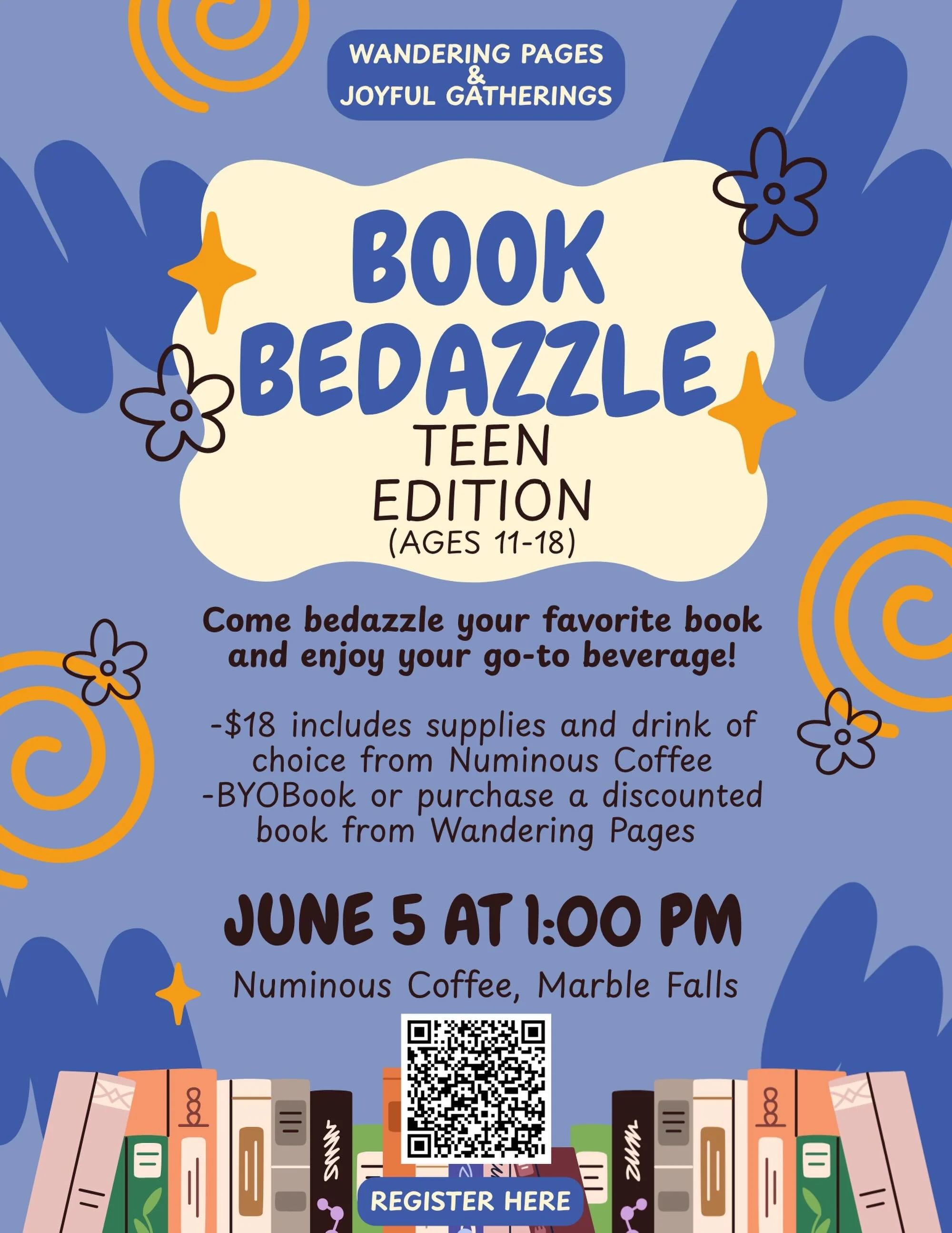 Calling all crafty readers ✨📚
-
Join us for a special TEEN edition of Book Bedazzle with Wandering Pages + Joyful Gatherings at Numinous Coffee Roasters!
-
Bring your favorite book (or grab one from us at a discount), sip your go-to drink, and creat
