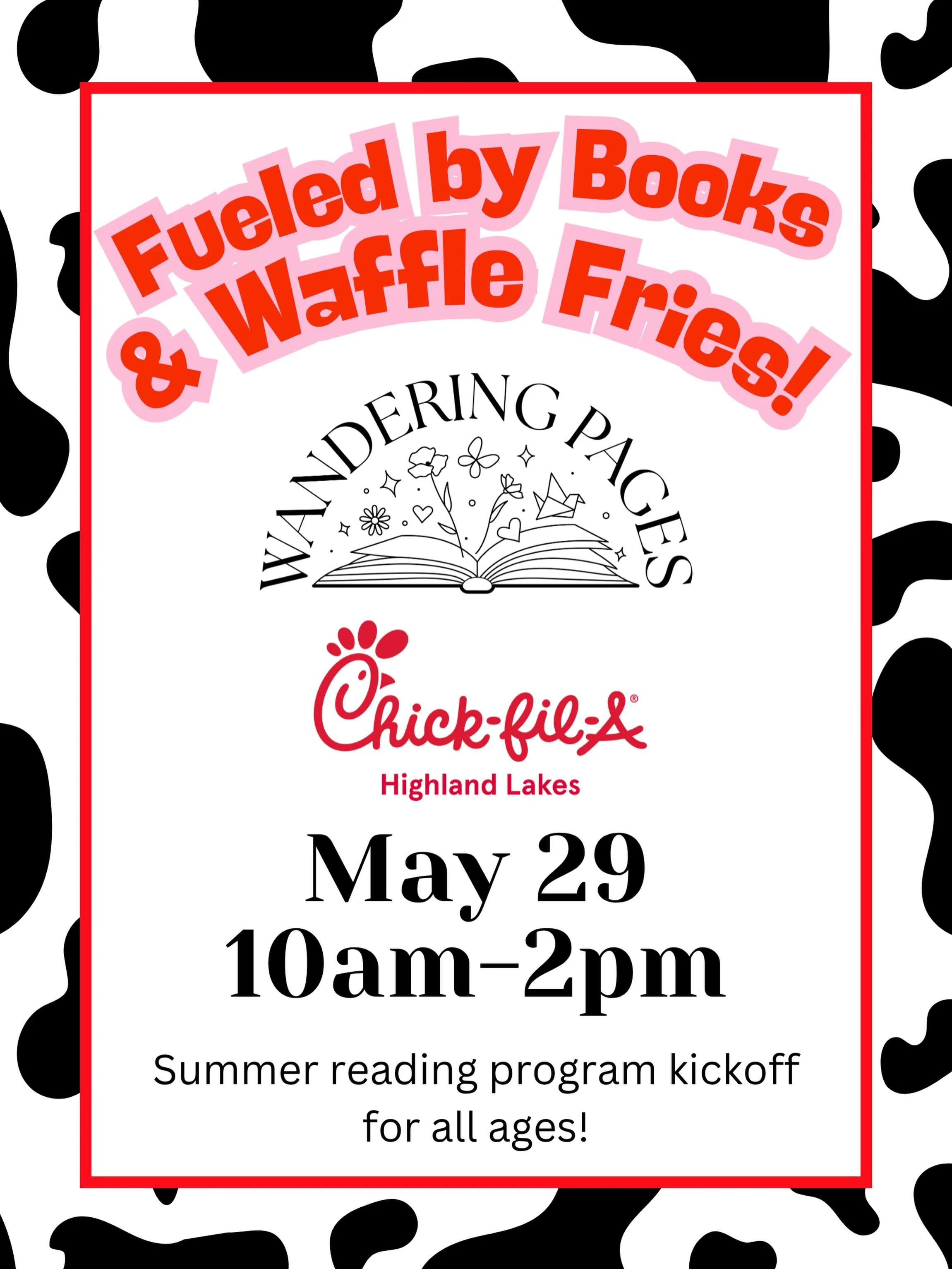 School&rsquo;s out, summer is here, and we&rsquo;re kicking things off the best way we know how&hellip; with books + chicken. ☀️📚🐄
-
Join Wandering Pages at Chick-fil-A Highland Lakes on May 29 from 10&ndash;2 for a fun pop-up event and the launch 