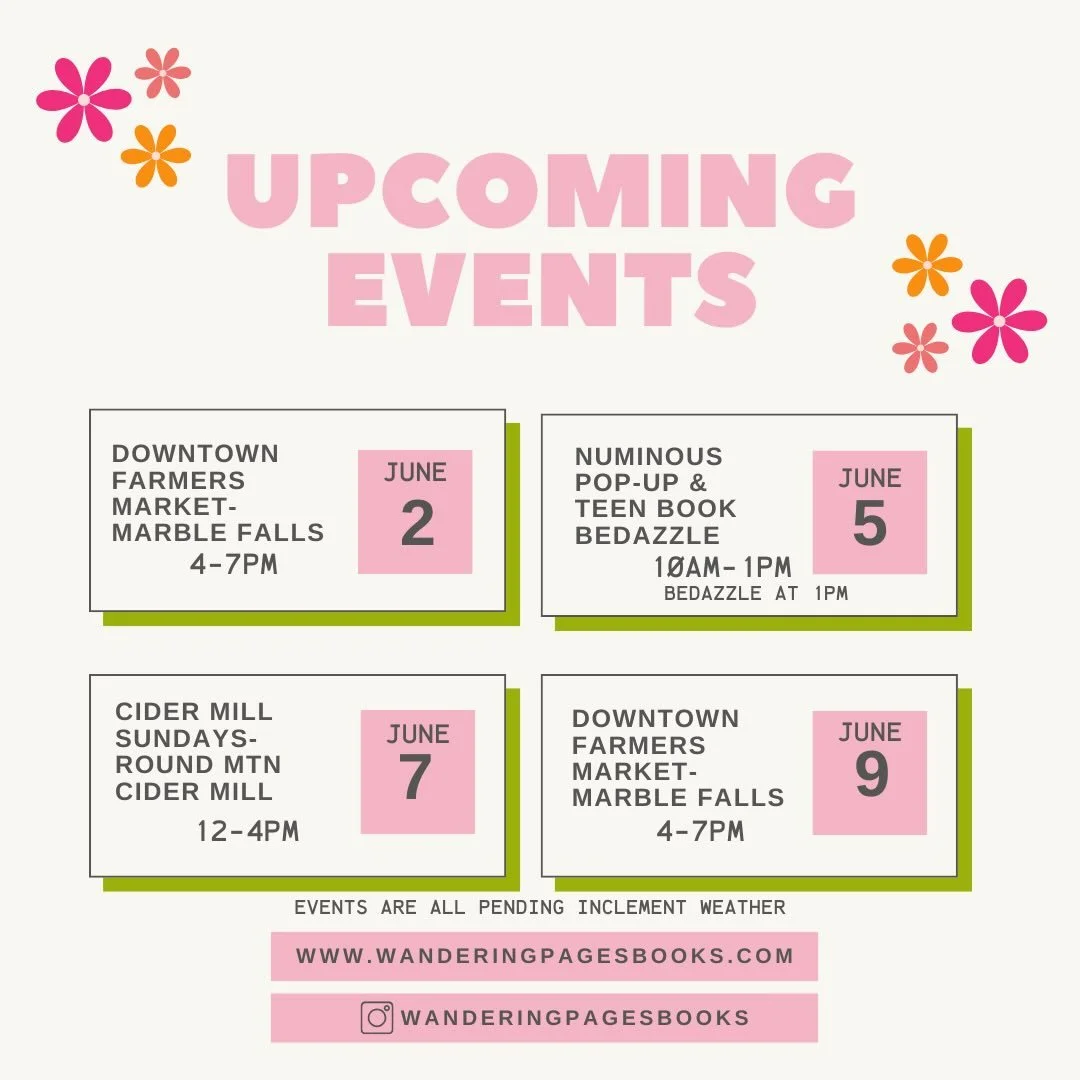 ✨ New month, new adventures with Wandering Pages! 
-
We&rsquo;re so excited to share our updated pop-up schedule and spend another month bringing books to some of our favorite spots around the Hill Country.
-
📚 Find us at our beloved downtown farmer