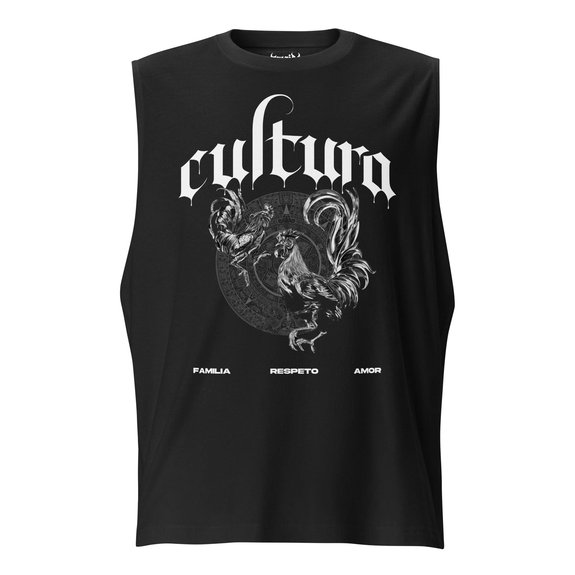 Black relaxed fit sleeveless tank top with chrome fighting roosters, “cultura, familia, respeto, amor” white text