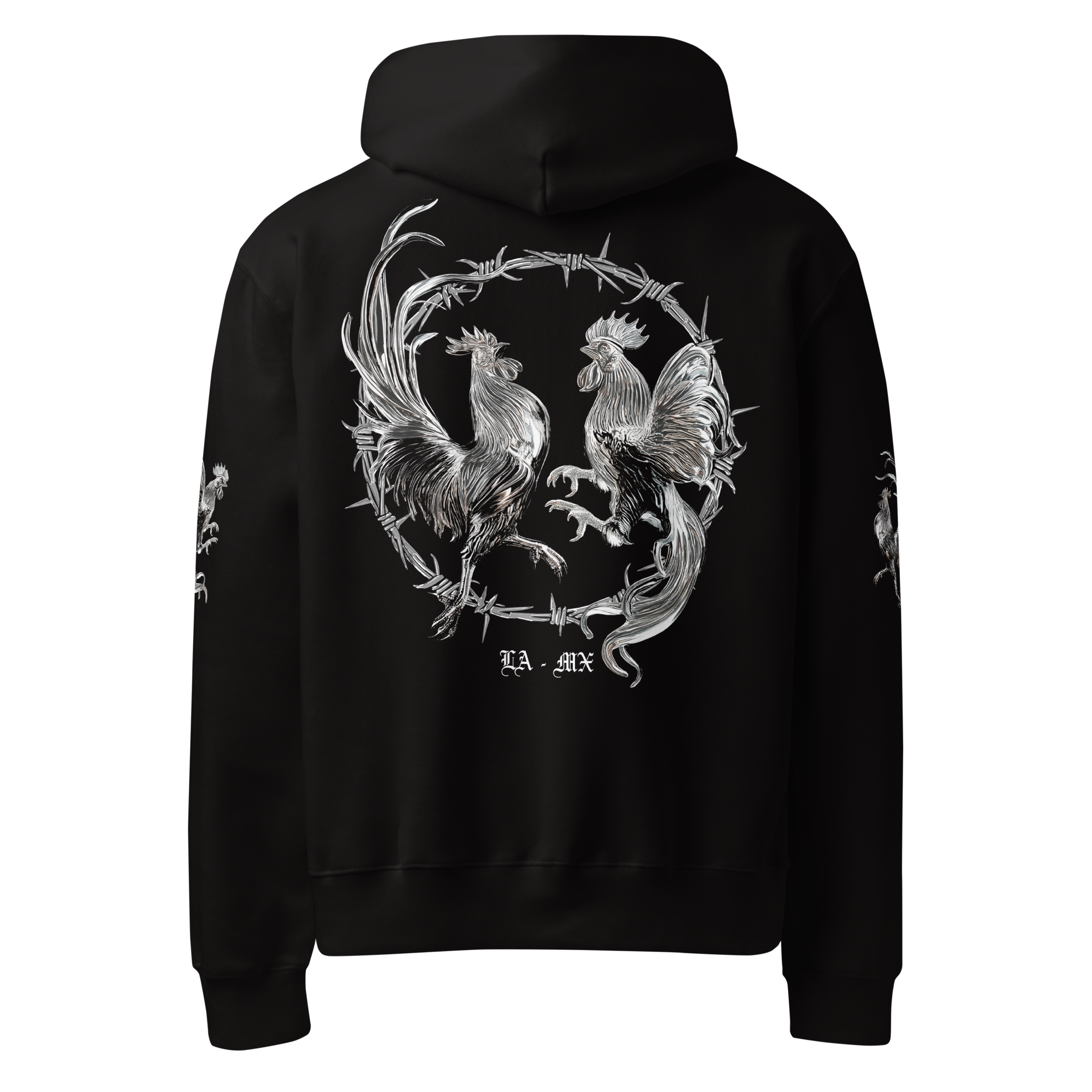 Black Oversized Heavyweight Hoodie with chrome roosters fighting gallos in a barbed wire circle graphic