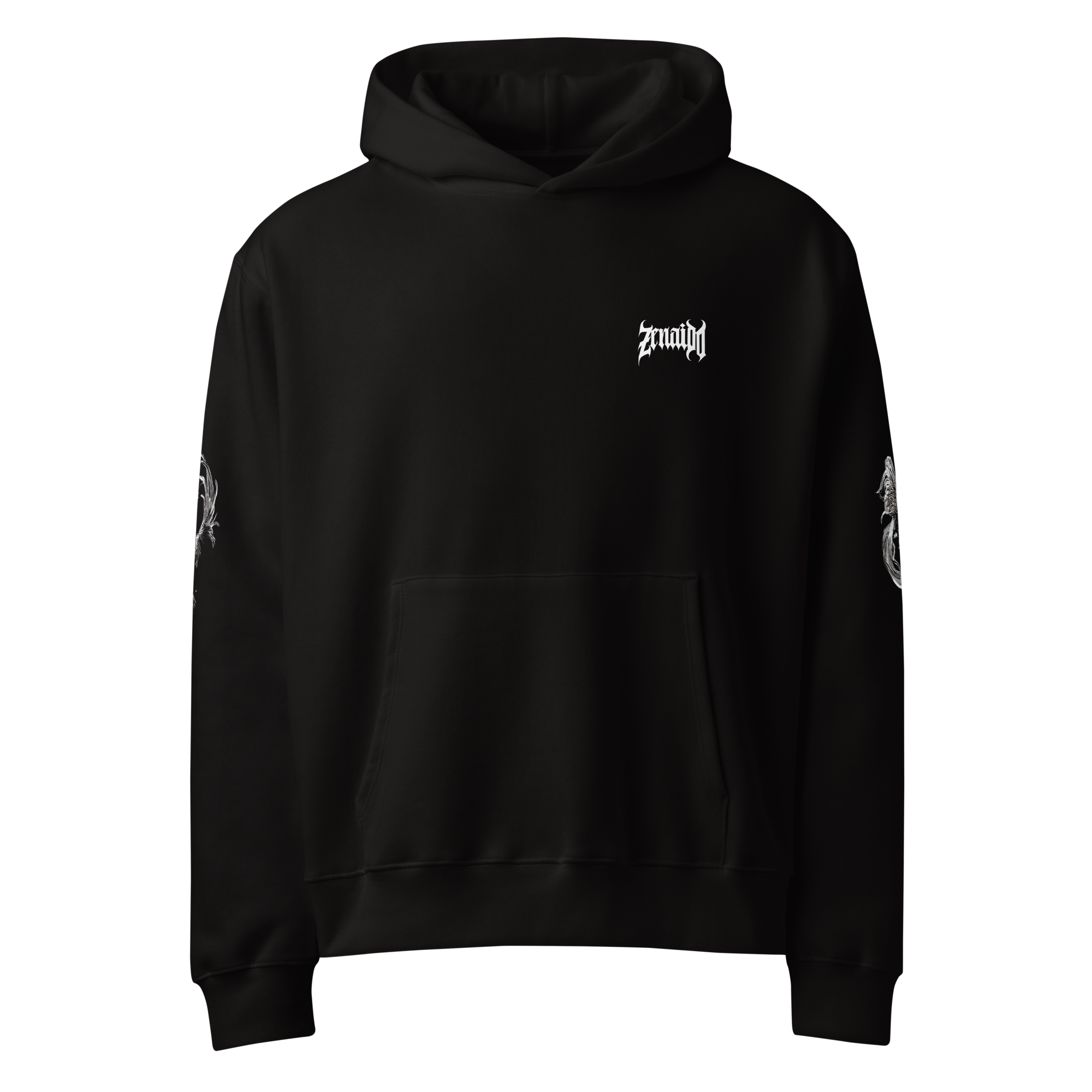 Black Oversized Heavyweight Hoodie with chrome roosters fighting gallos graphic front angle