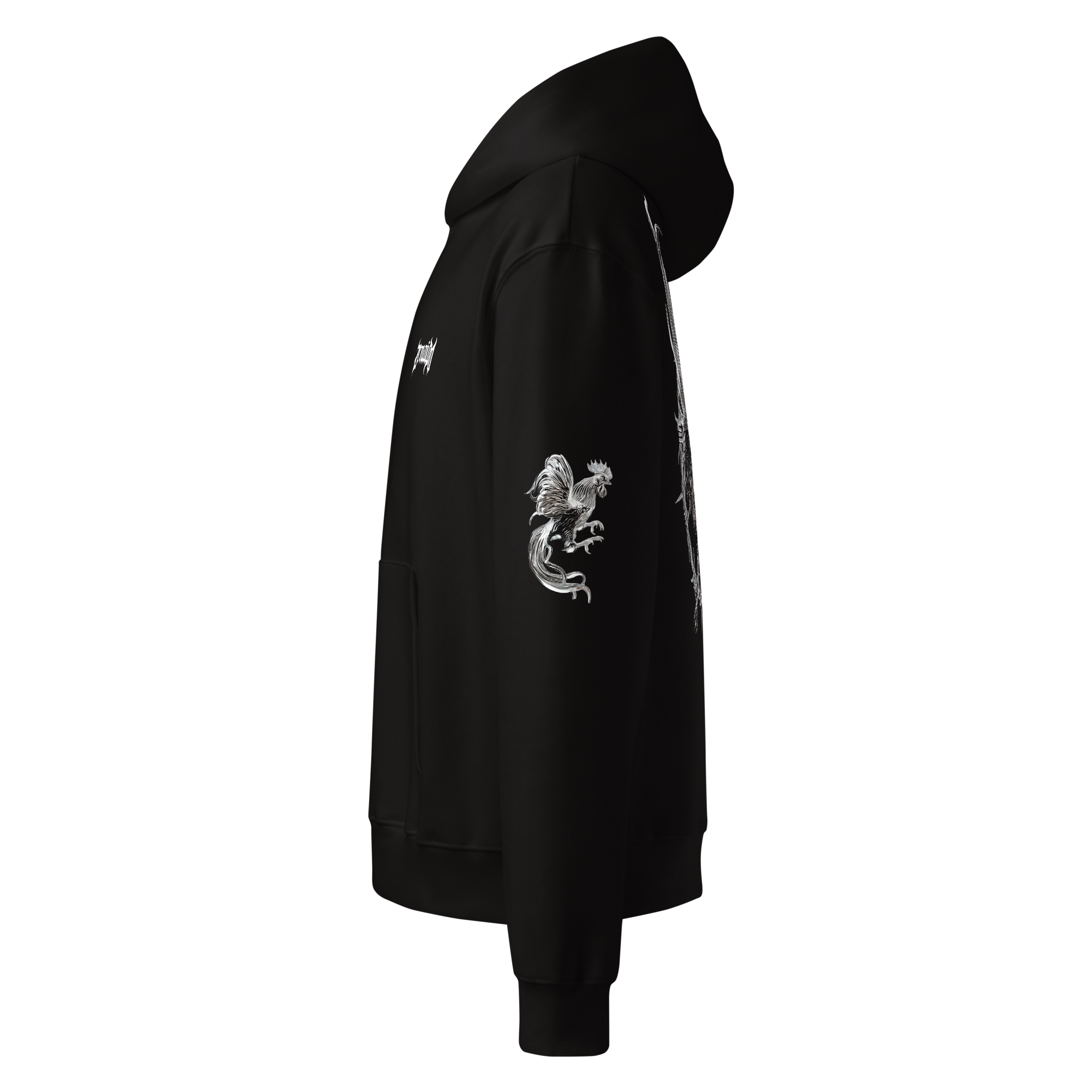 Black Oversized Heavyweight Hoodie with chrome roosters fighting gallos graphic left side angle