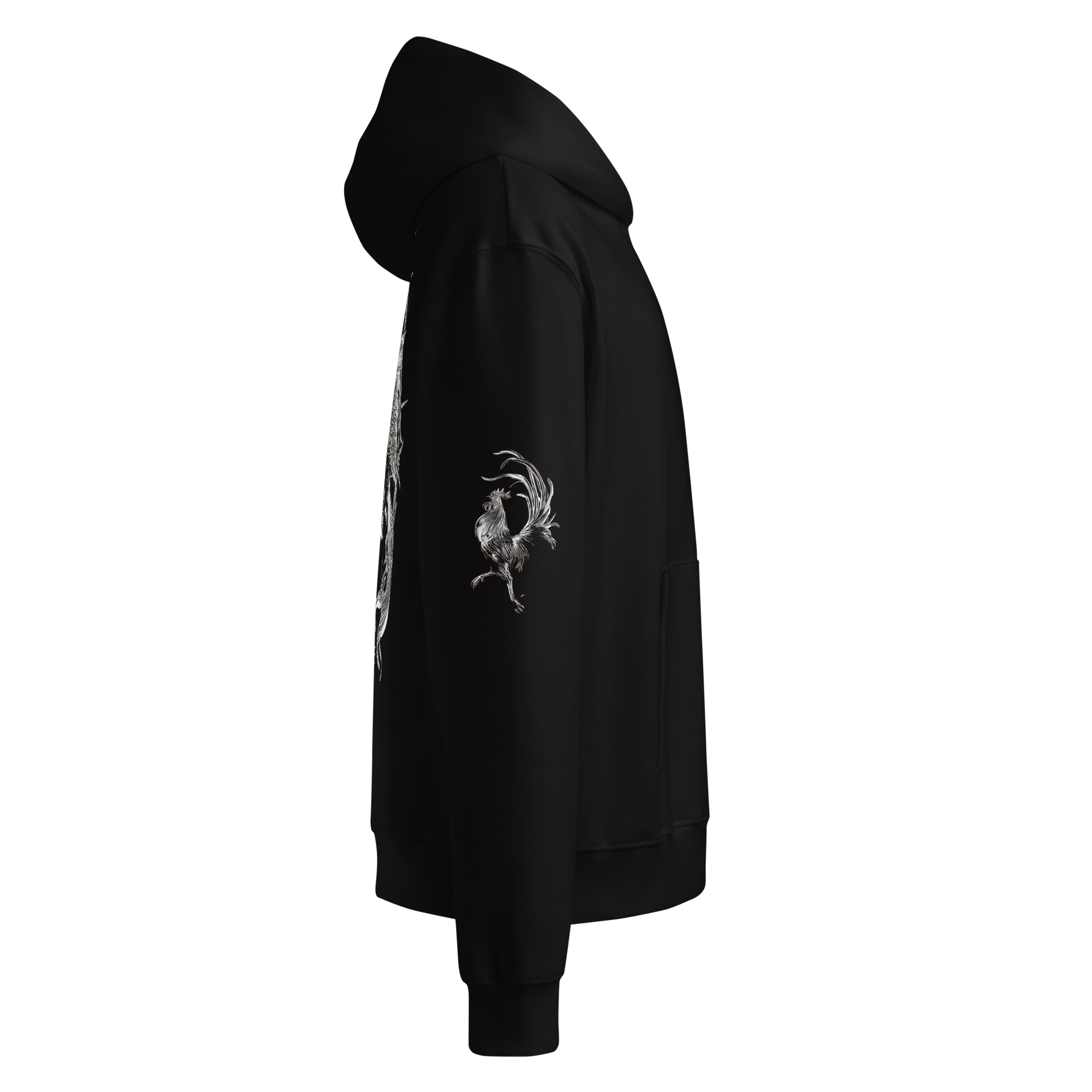 Black Oversized Heavyweight Hoodie with chrome roosters fighting gallos graphic right side angle