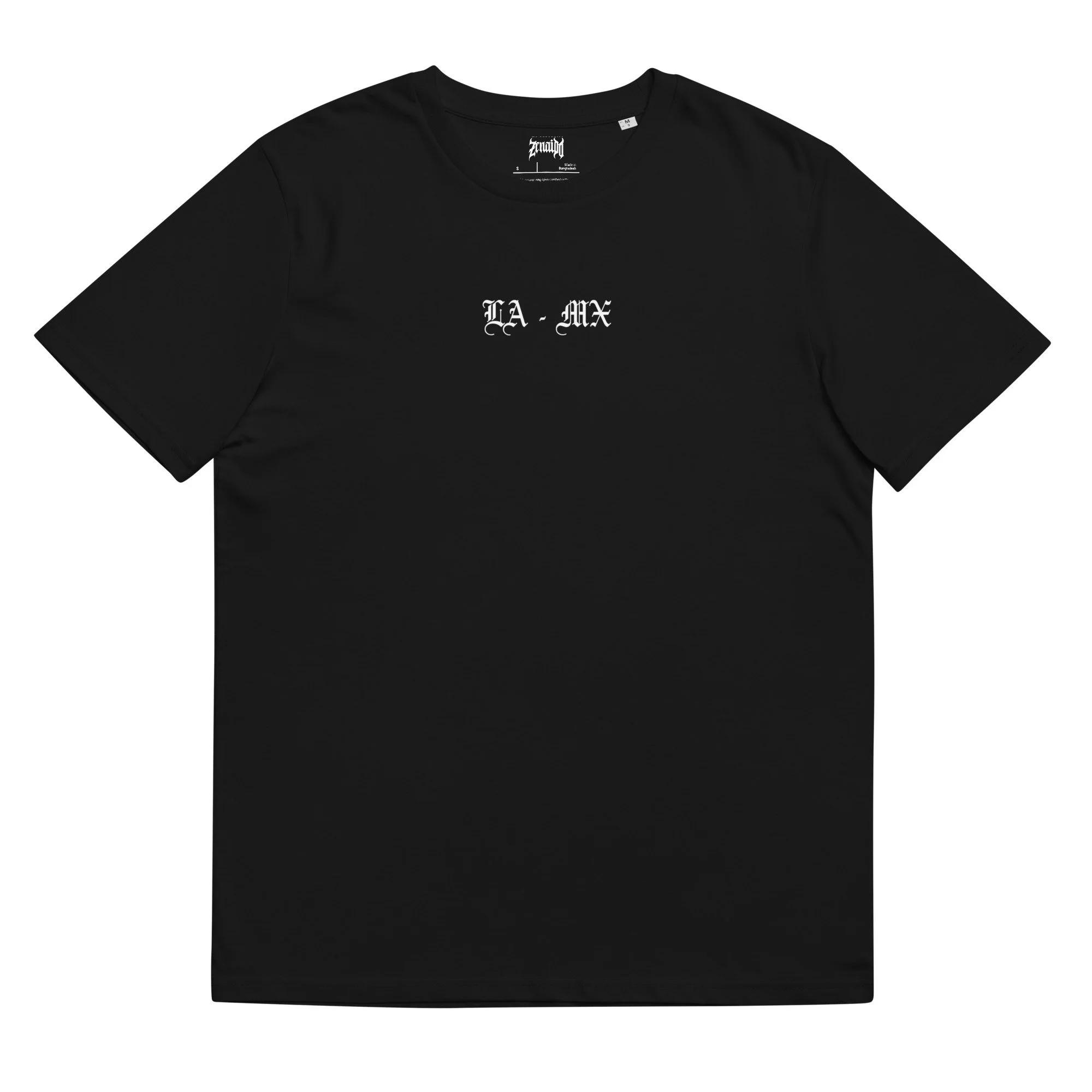 Black t-shirt with “LA”, “MX” Los Angeles, Mexico white text front angle