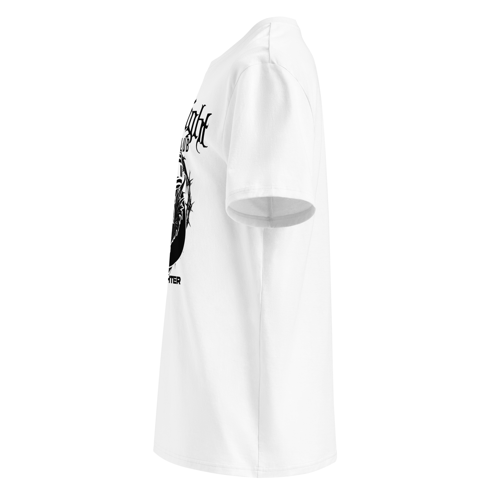 White t‑shirt with black 'Cockfight Boxing Club' graphic showing two roosters/gallos boxing and 'Born A Fighter” text left side angle