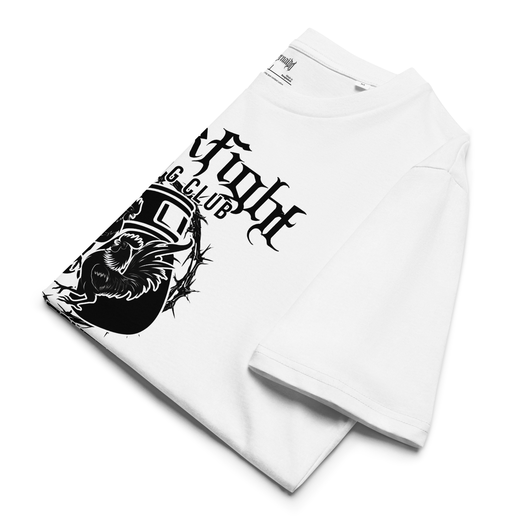 White t‑shirt with black 'Cockfight Boxing Club' graphic showing two roosters/gallos boxing and 'Born A Fighter” text close up shot