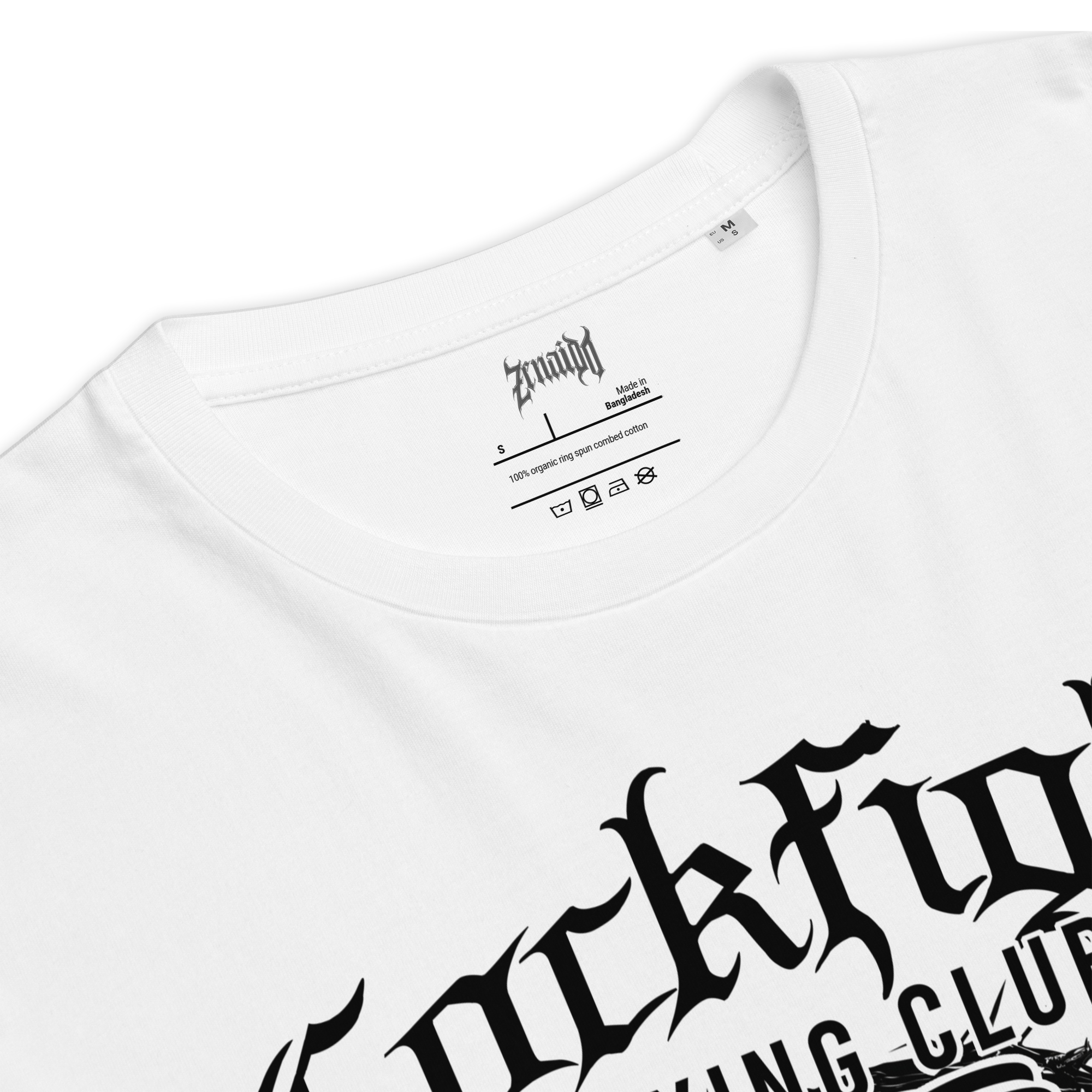 White t‑shirt with black 'Cockfight Boxing Club' graphic showing two roosters/gallos boxing and 'Born A Fighter” collar close up shot
