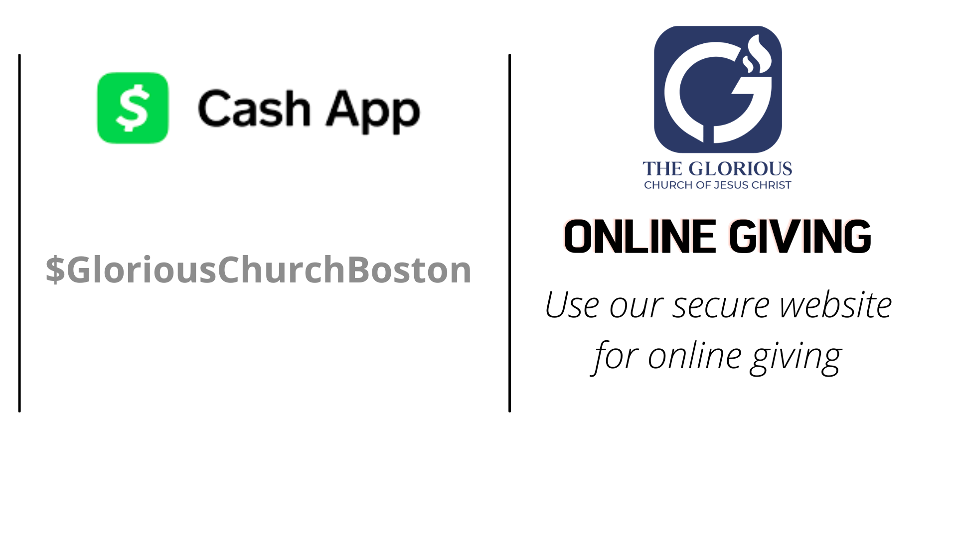 Online giving options for a church. Left side shows a green Cash App logo with the handle $GloriousChurchJc. Right side displays the church logo of The Glorious Church of Jesus Christ with text encouraging secure online donations.