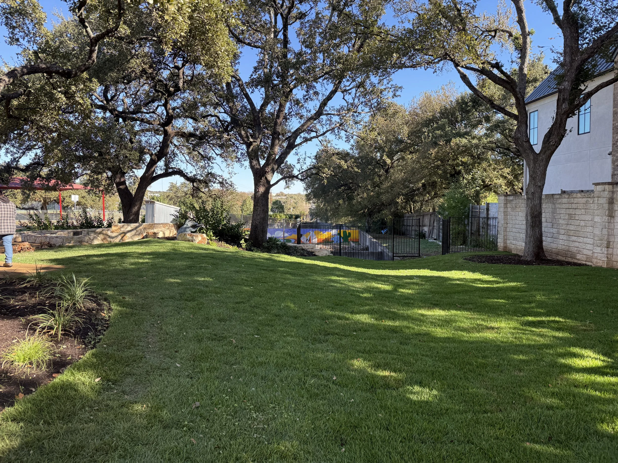 Activity lawn at the renovated westbank community library in austin texas, exterior renovation in central texas