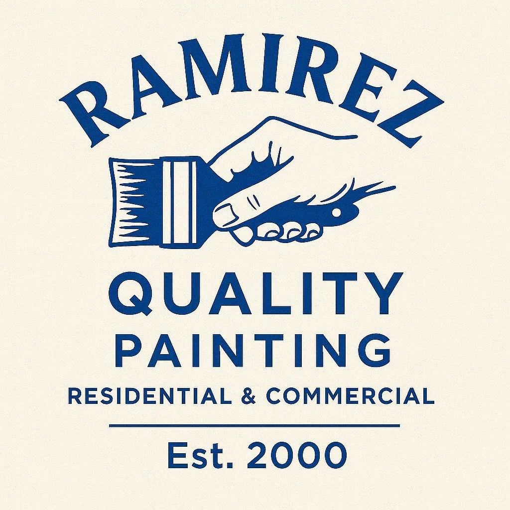 Logo for Ramirez Quality Painting, featuring a hand holding a paintbrush with the company name, services, and establishment year.