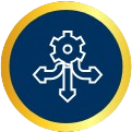 gear icon with three arrows on blue background, yellow border